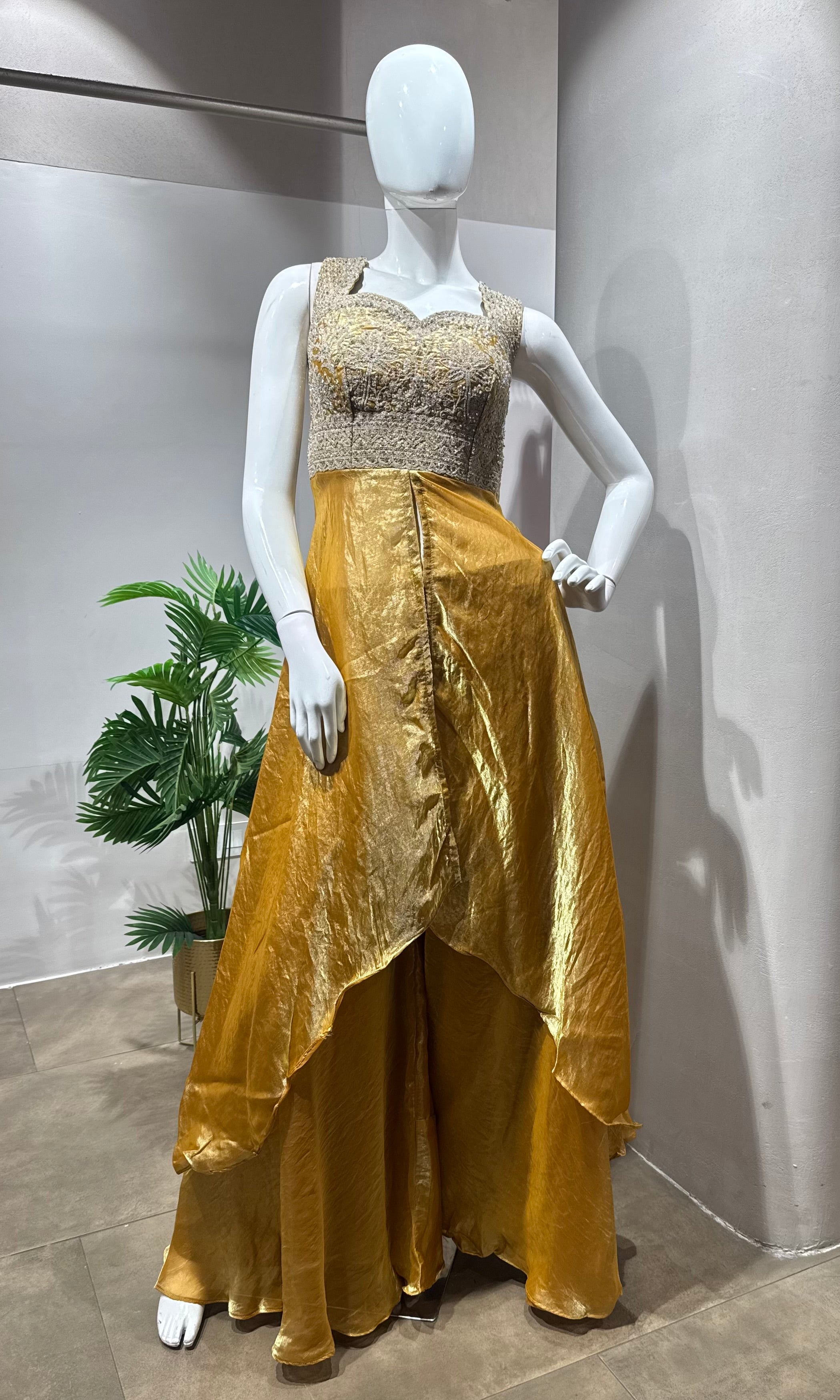 Yellow Silk Palazzo Suit with Embroidered Bodice