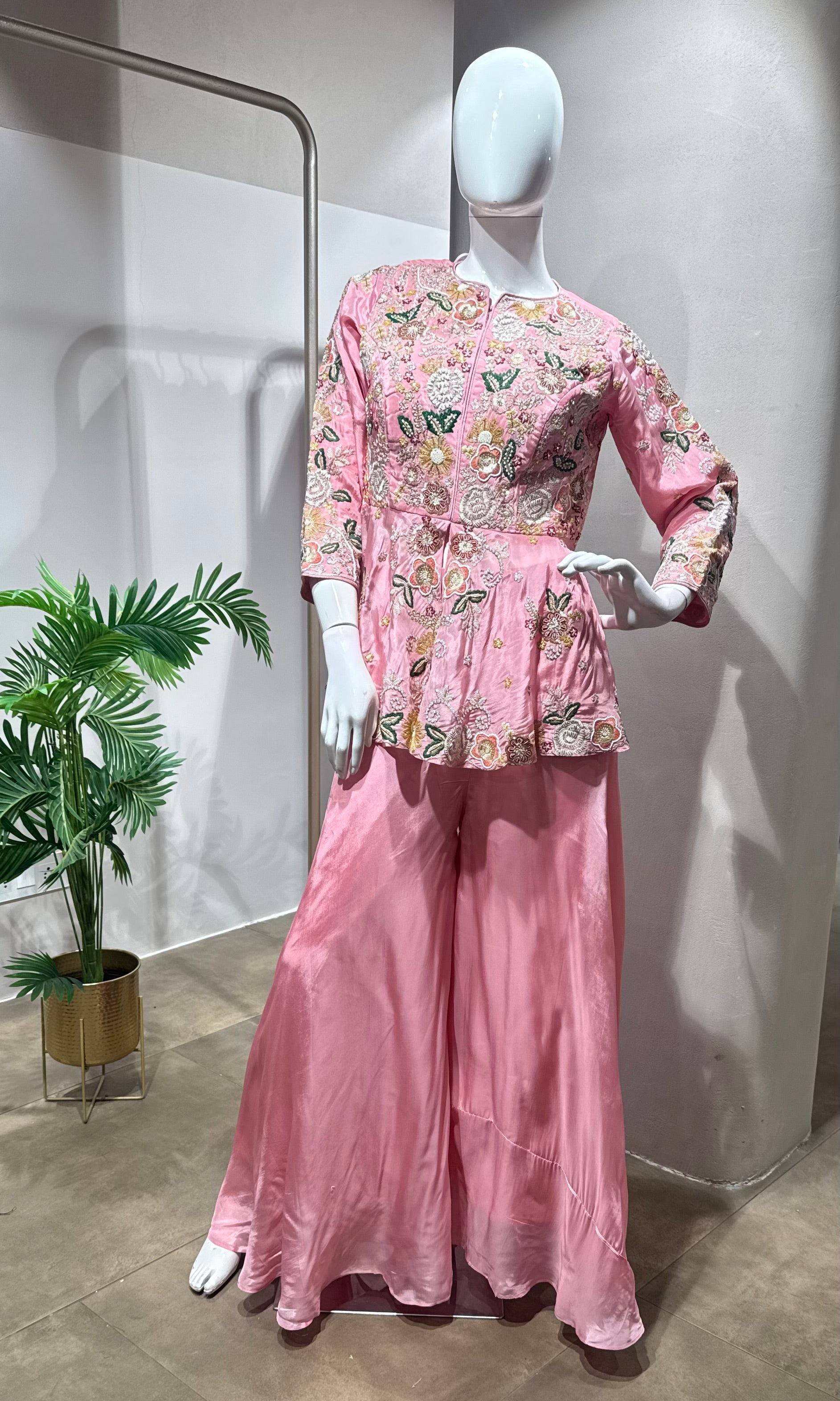 Rose Pink Floral Embroidered Palazzo Set