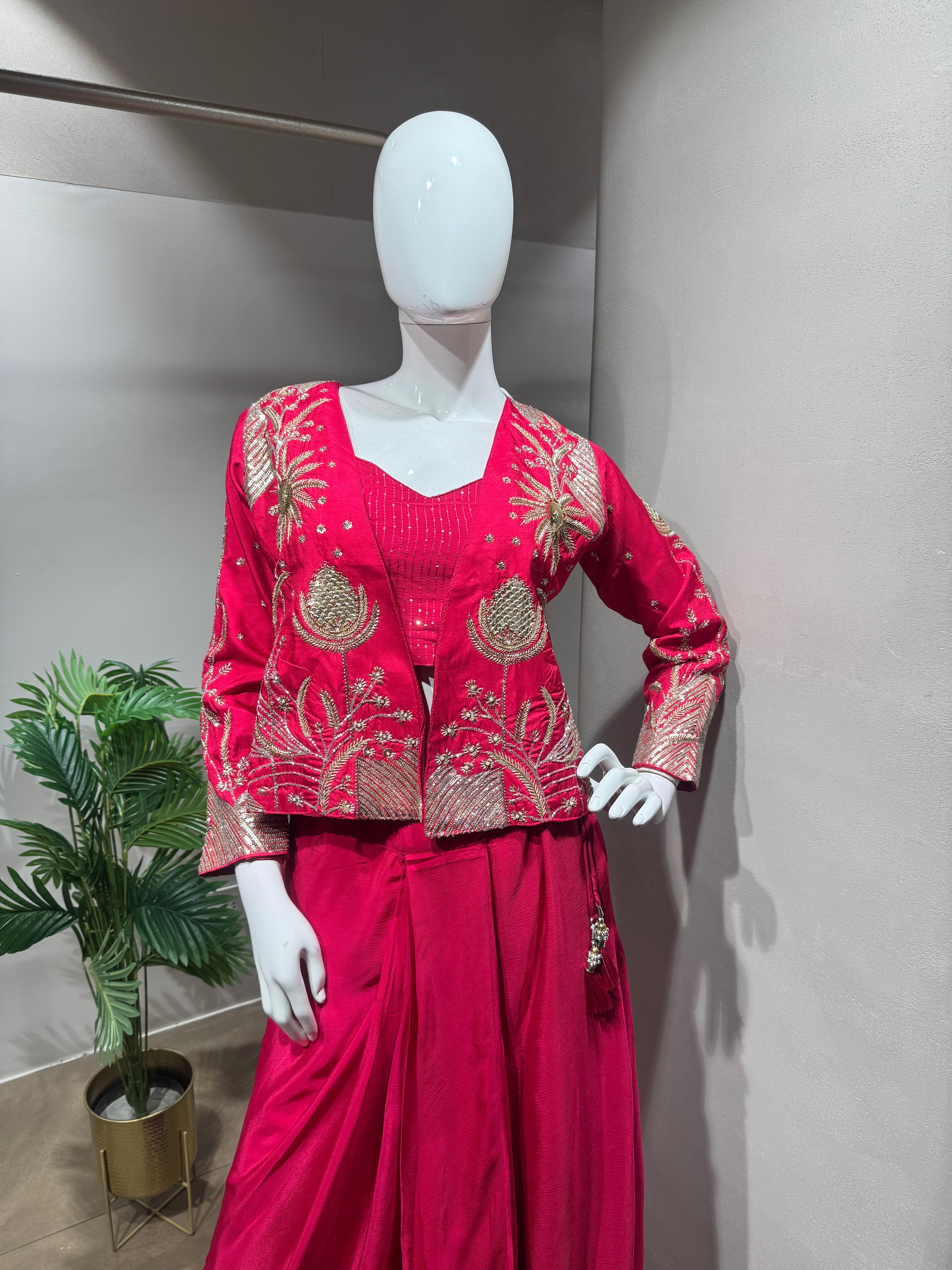 Rani Pink Indo-Western Set with Pearl Jacket