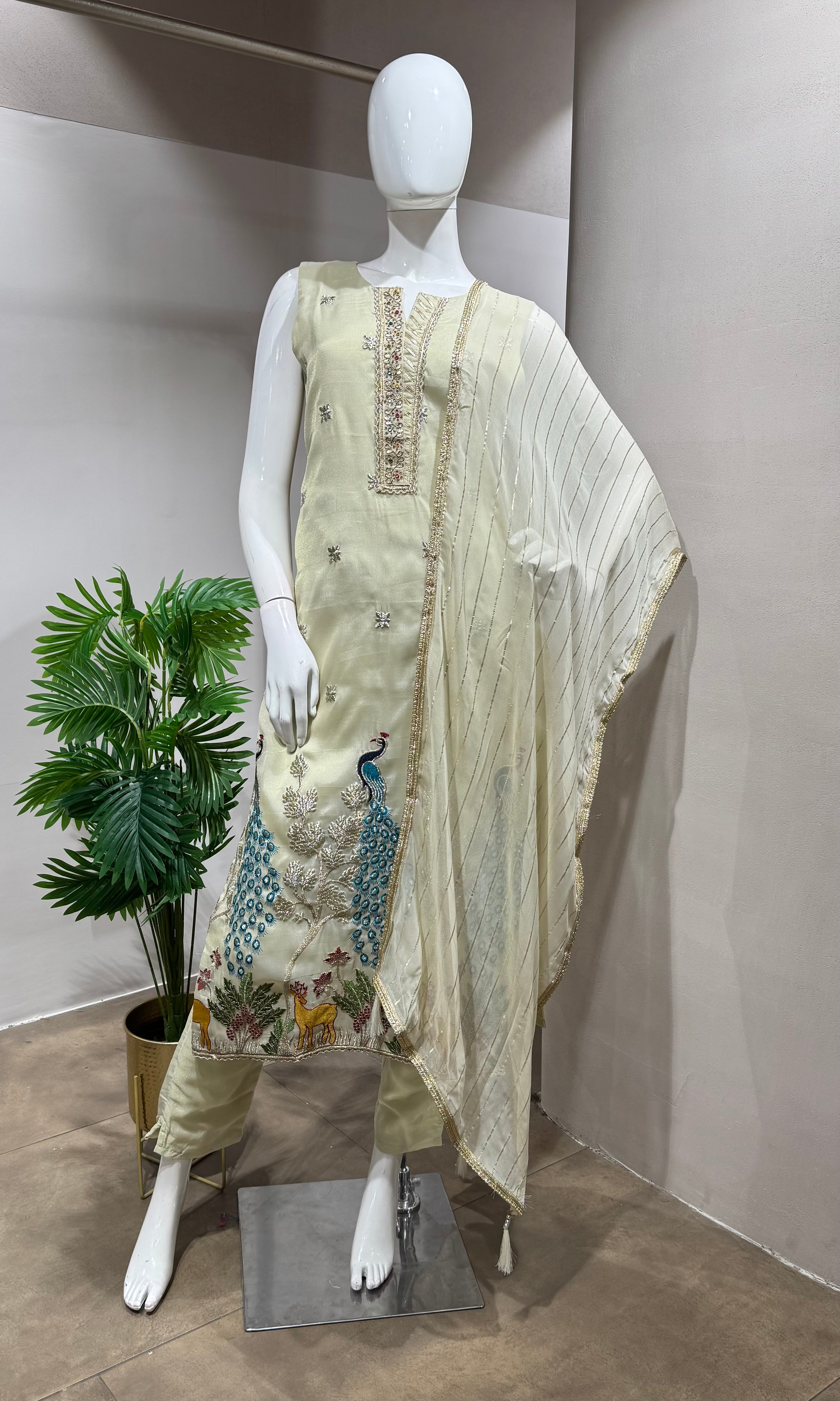 Cream Peacock Sharara Silk Ensemble