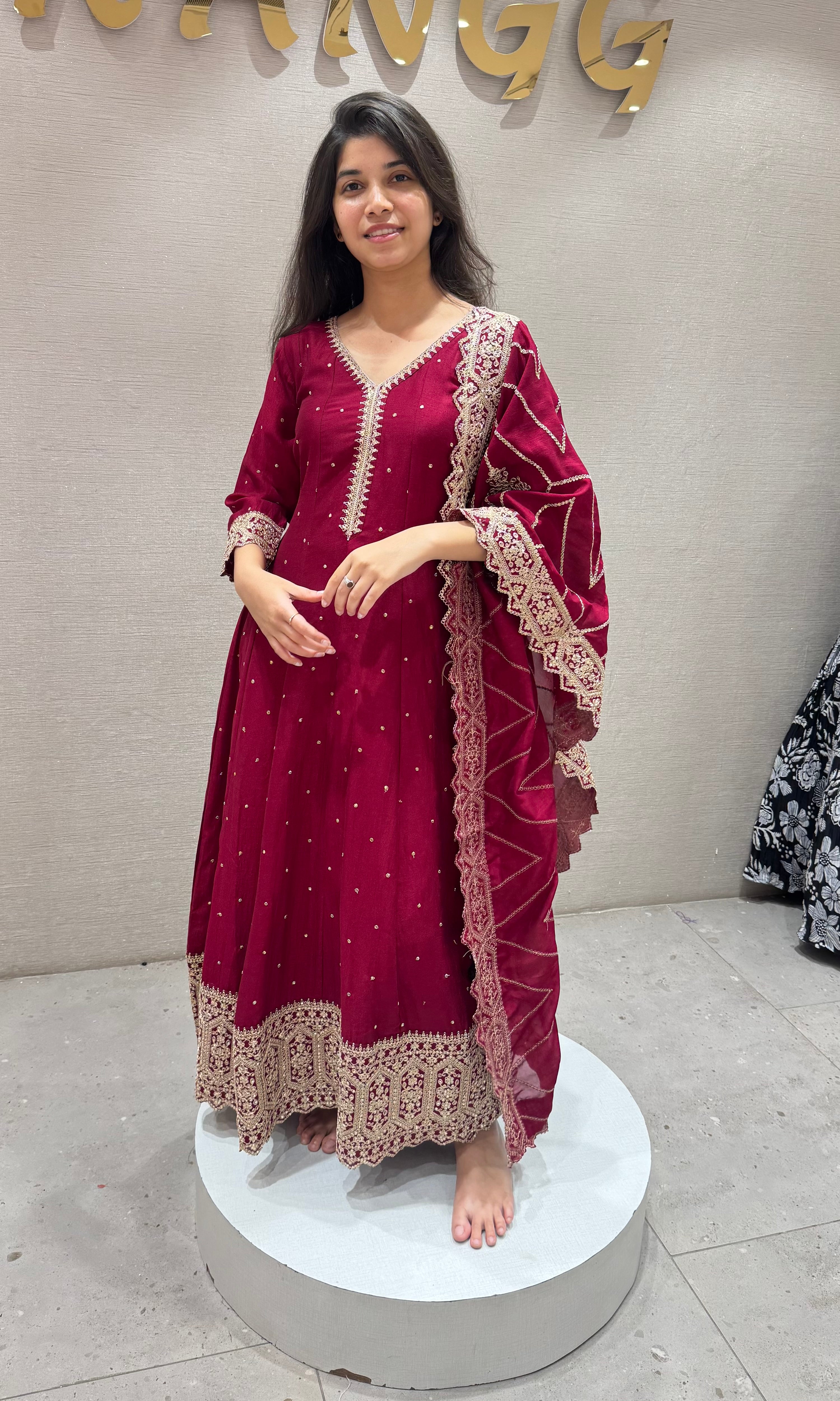 Maroon golden embroidered anarkali