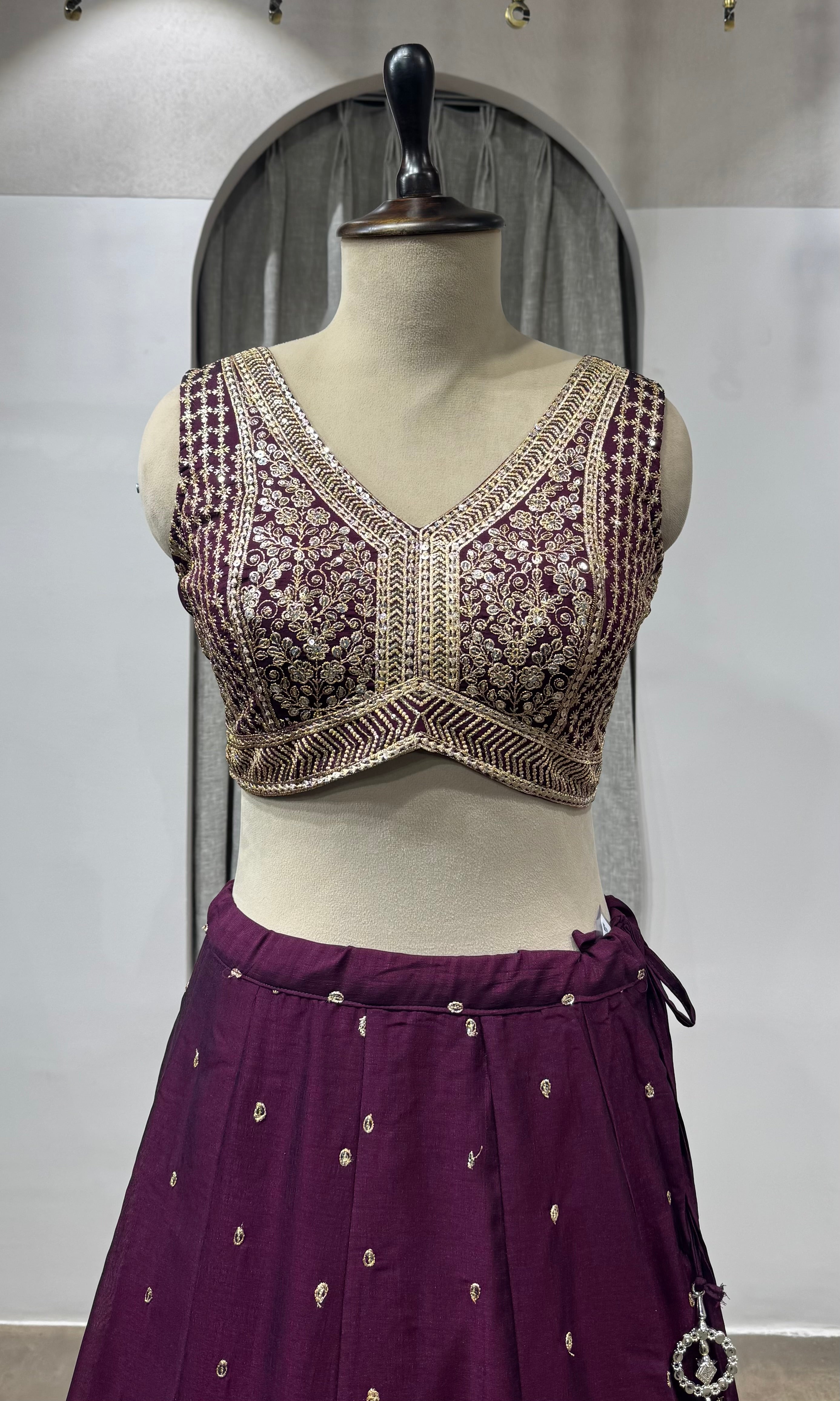 Wine Embroidered Lehenga with Dupatta