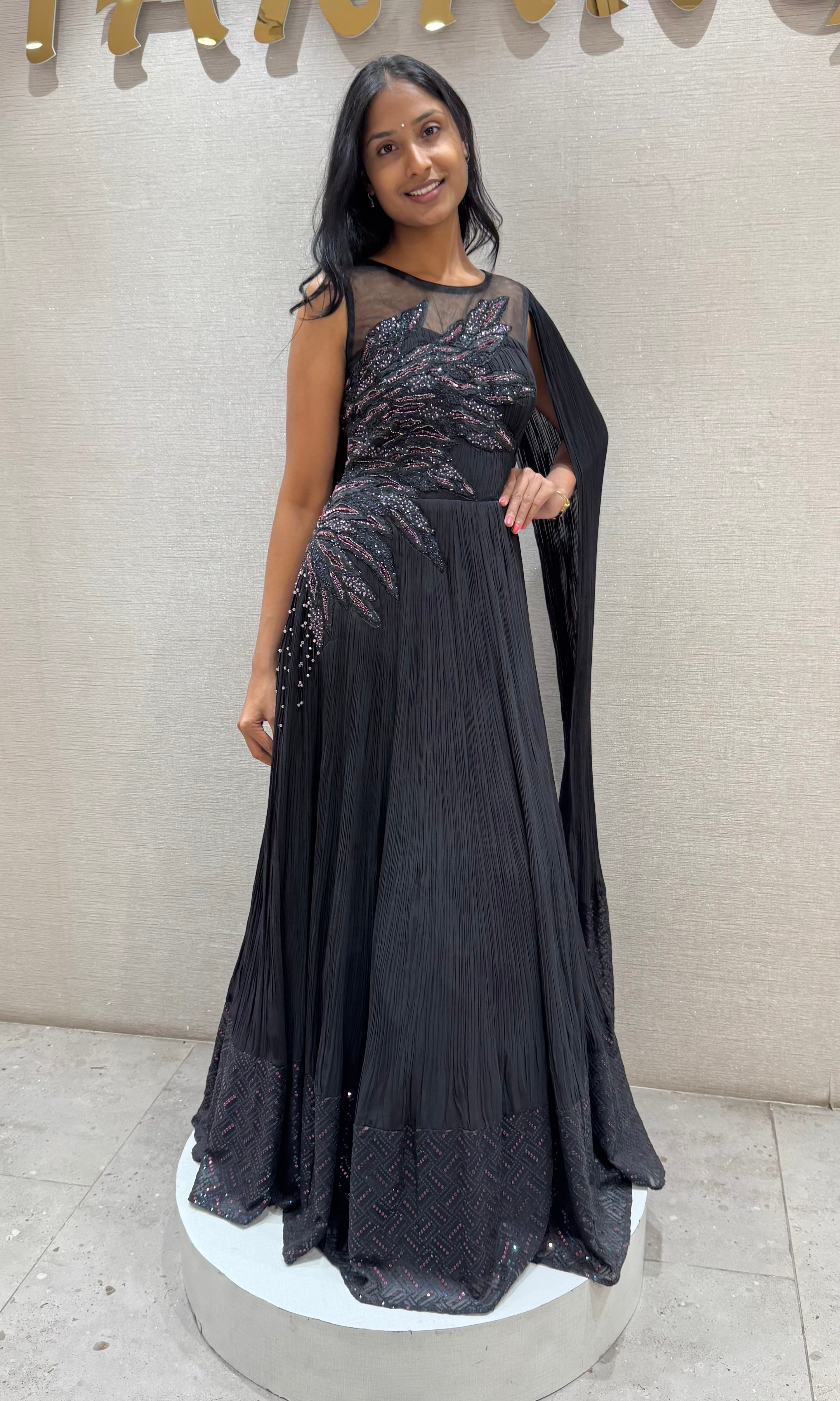 Black Swarovski stone long dress with ruffles