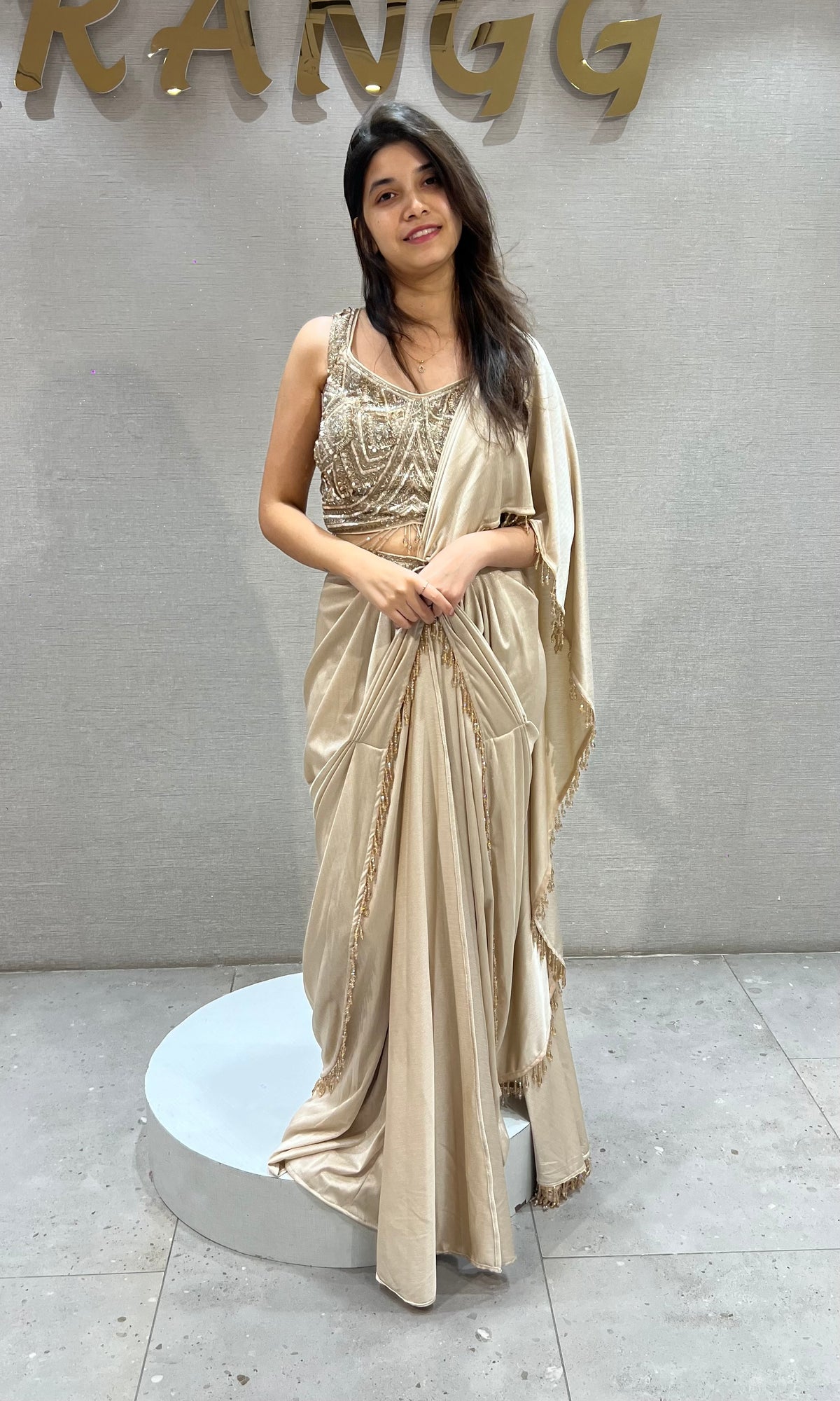BEIGE SILK SATIN DRAPE SAREE WITH EMBROIDERED BLOUSE