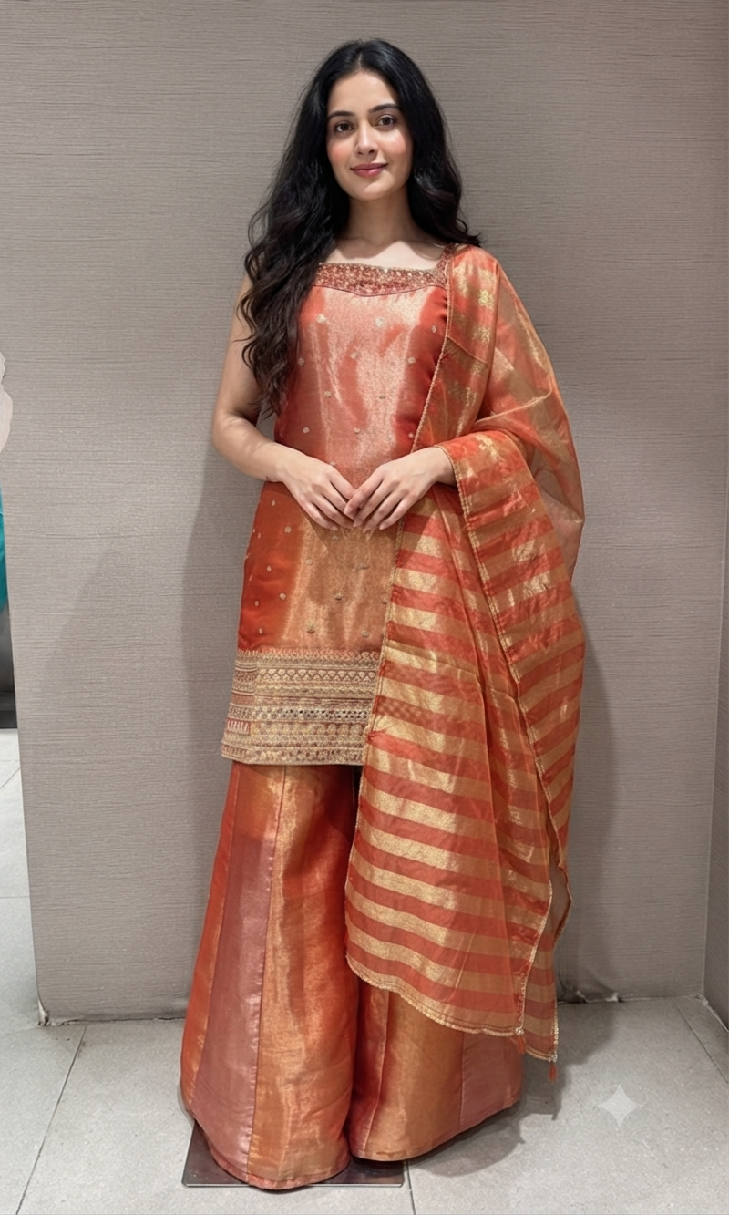 Rust and Gold Zari Sharara set with Sheer Dupatta