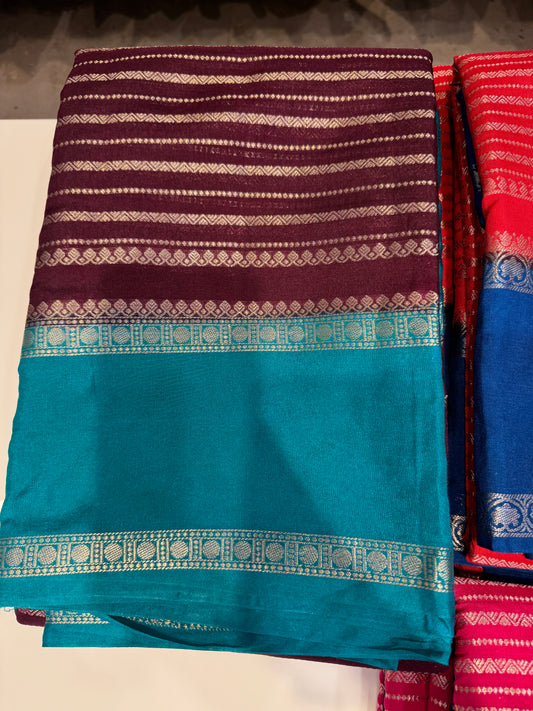 Brown wine shade with blue Banarasi saree