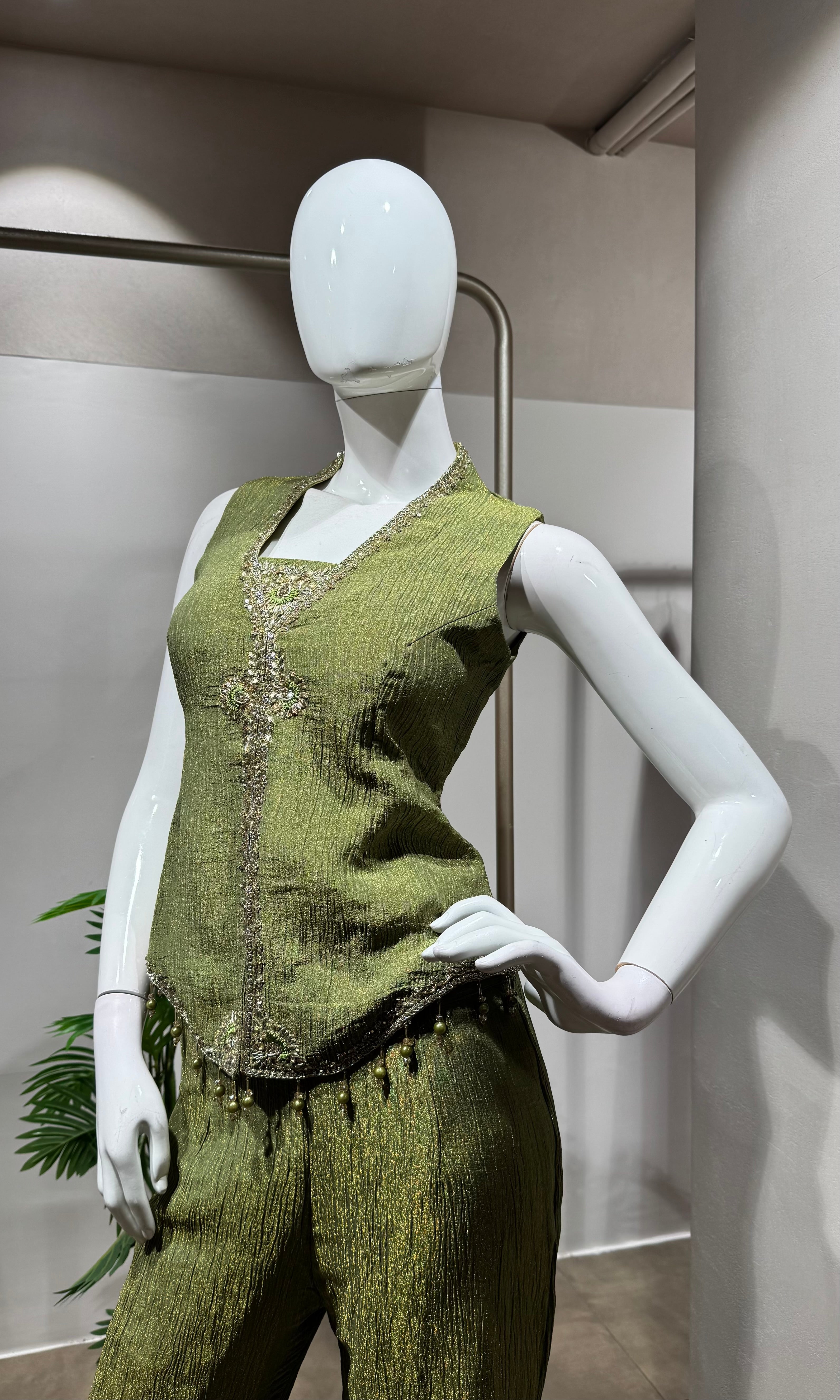 Green Printed Floral V Neck Sharara Set