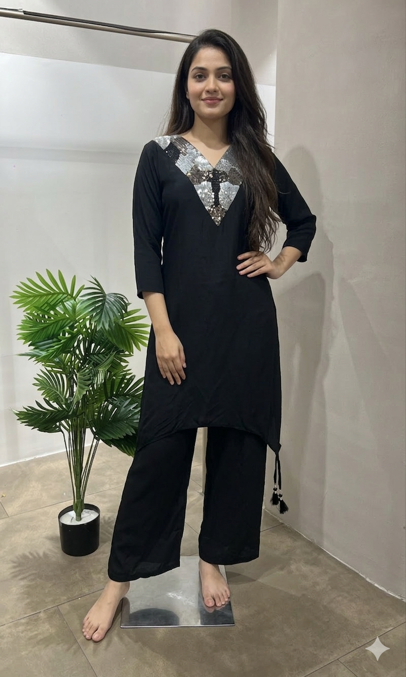 BLACK ELEGANT V NECK CORD SET