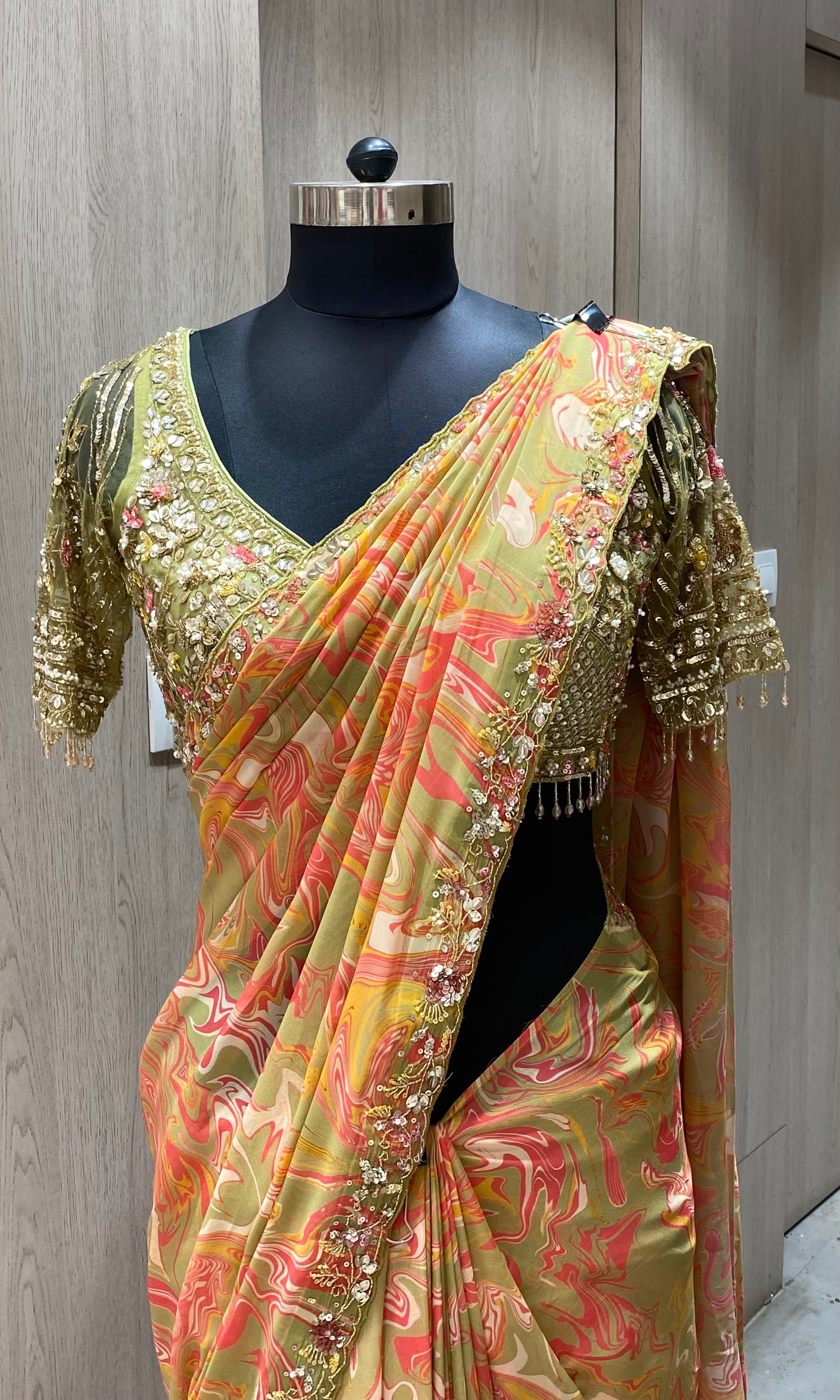 Green saree with ready blouse