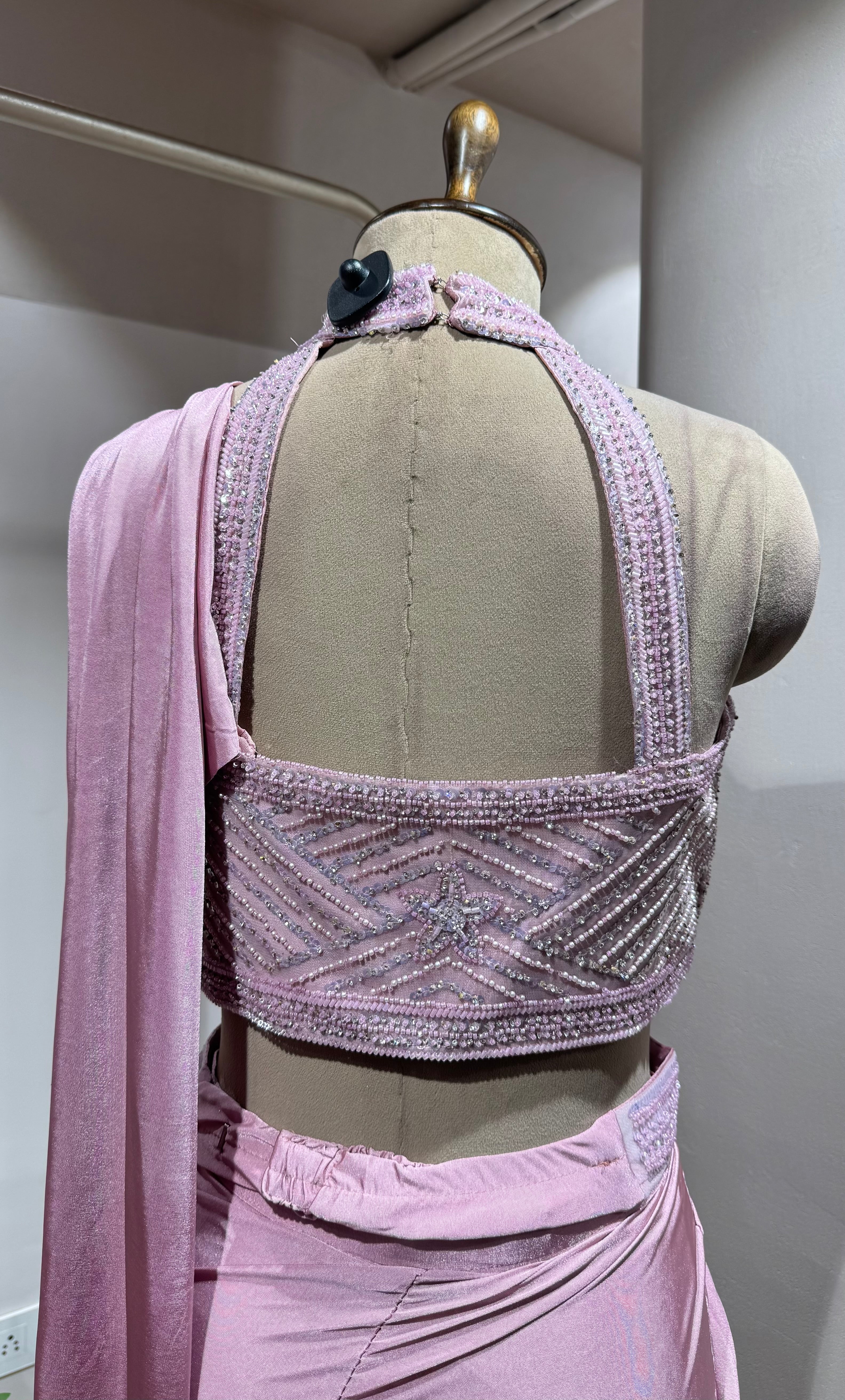 Pink Drape Saree with High Neck Blouse