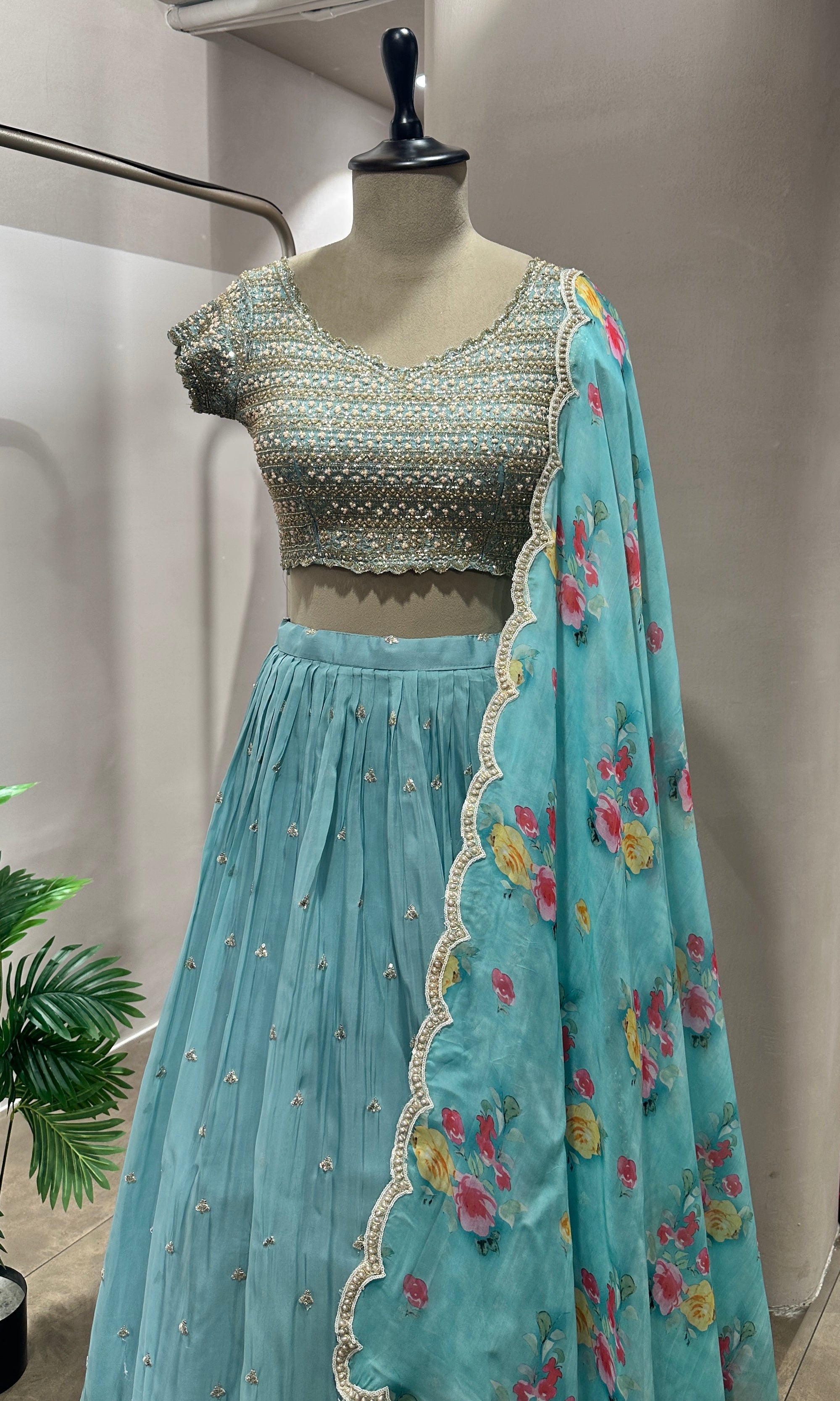 Sea blue EMBROIDERED LEHENGA WITH FLORAL DUPATTA