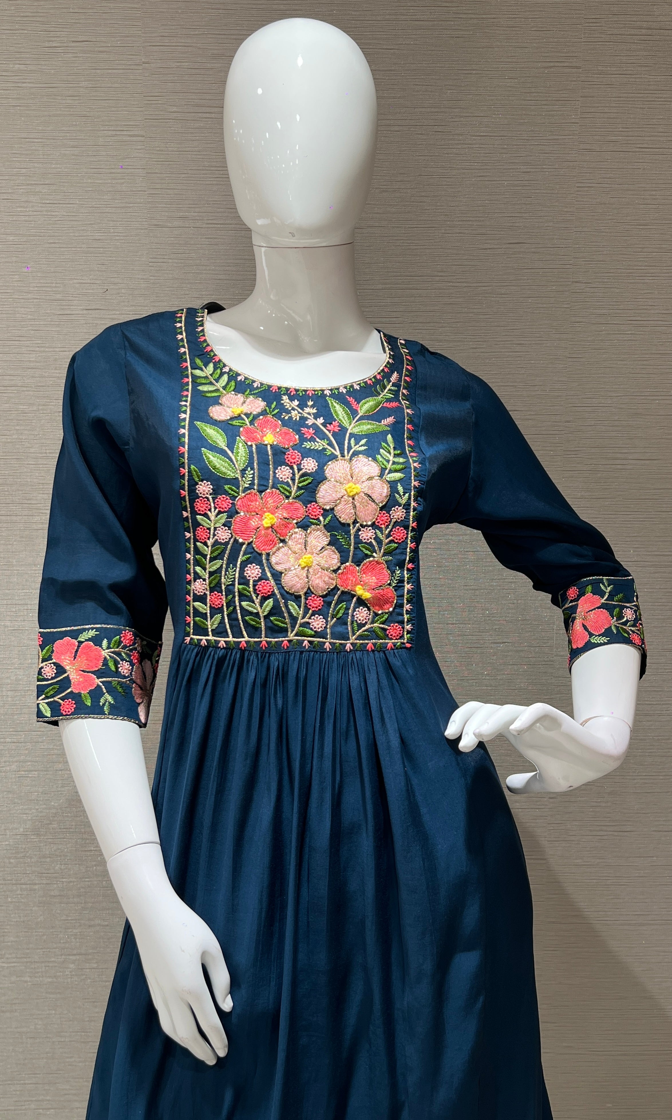 Blue Floral Embroidery Mul Chanderi kurta set