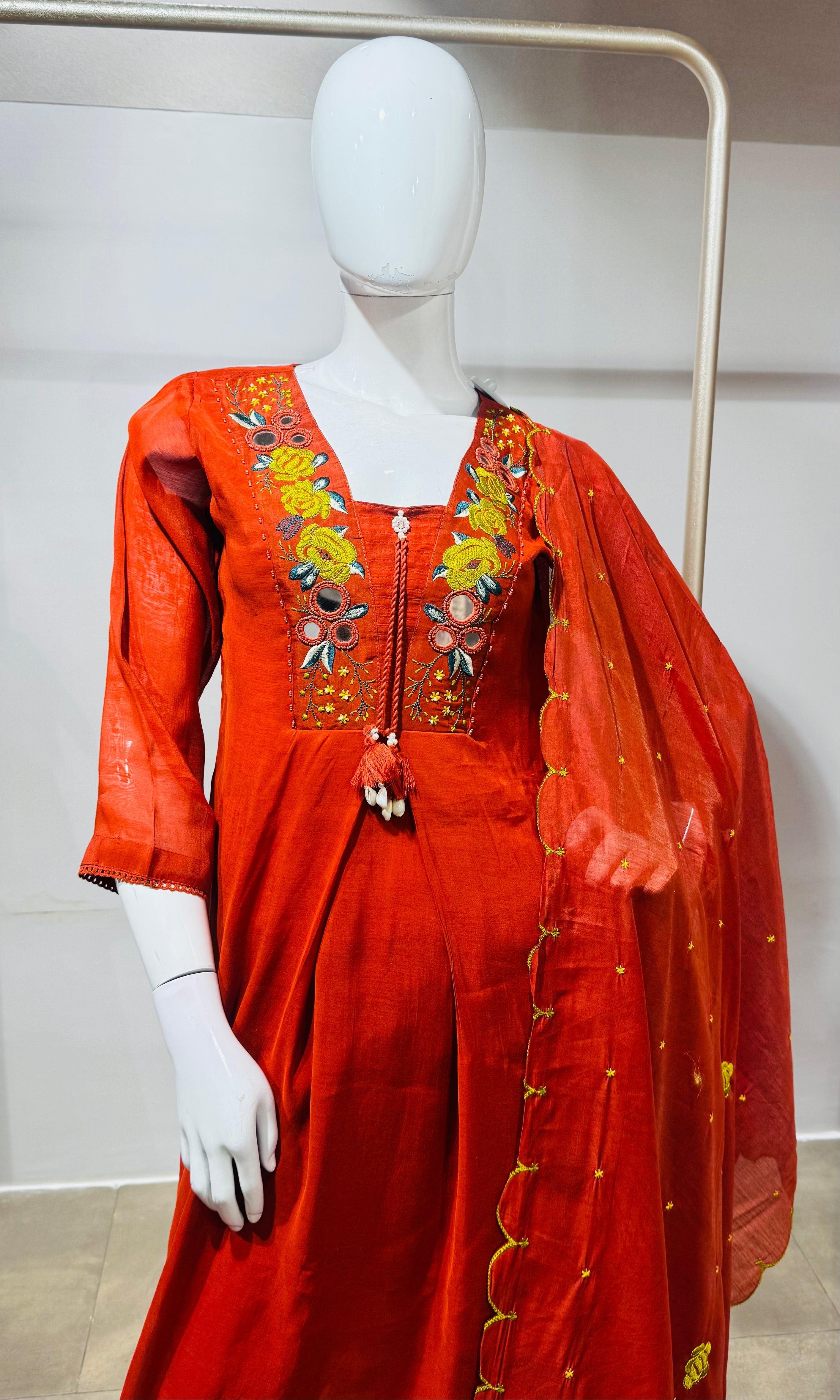 Rust Ethnic Kurta Set with Multicolored Neckline
