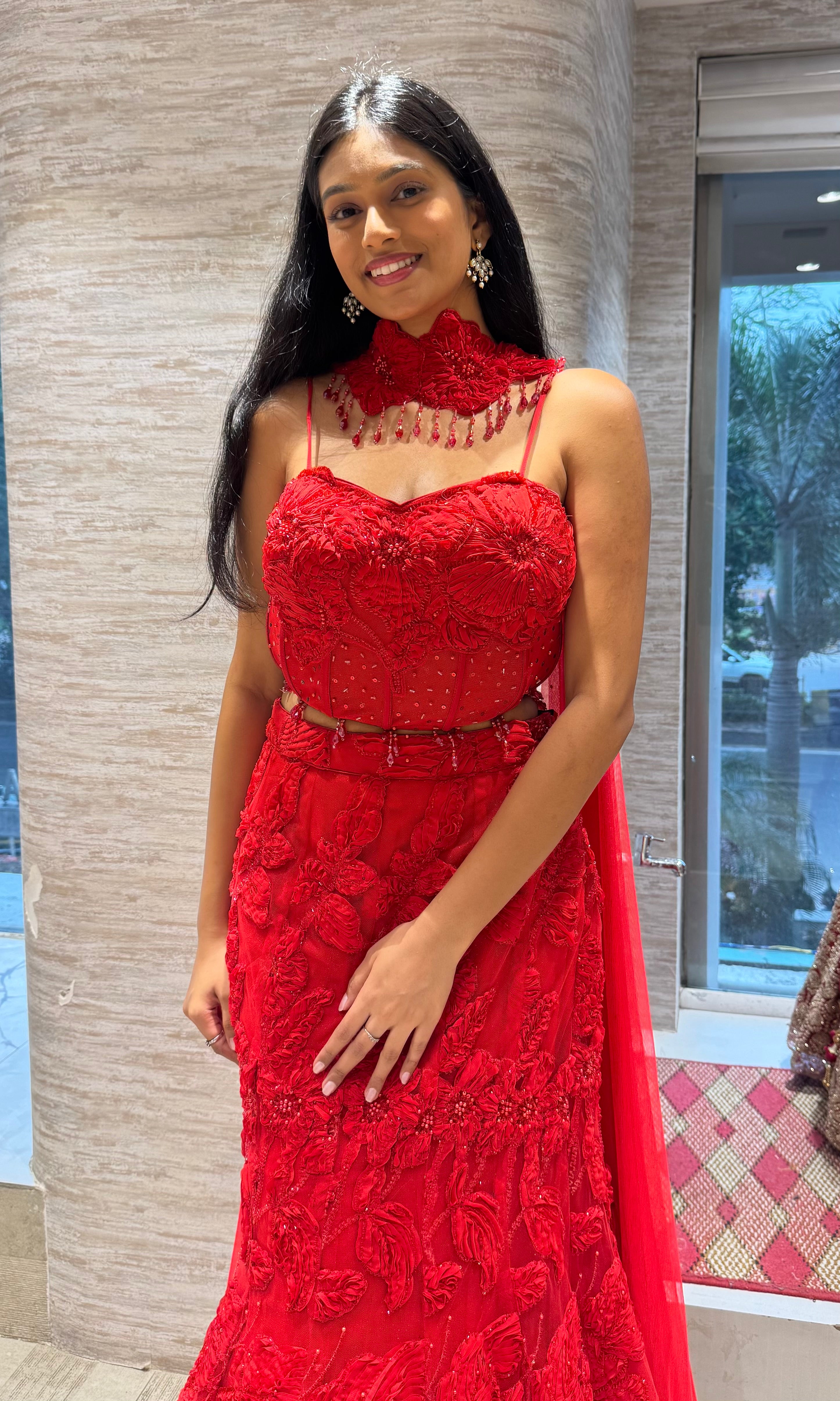 Crimson Red Floral Fish Lehenga set