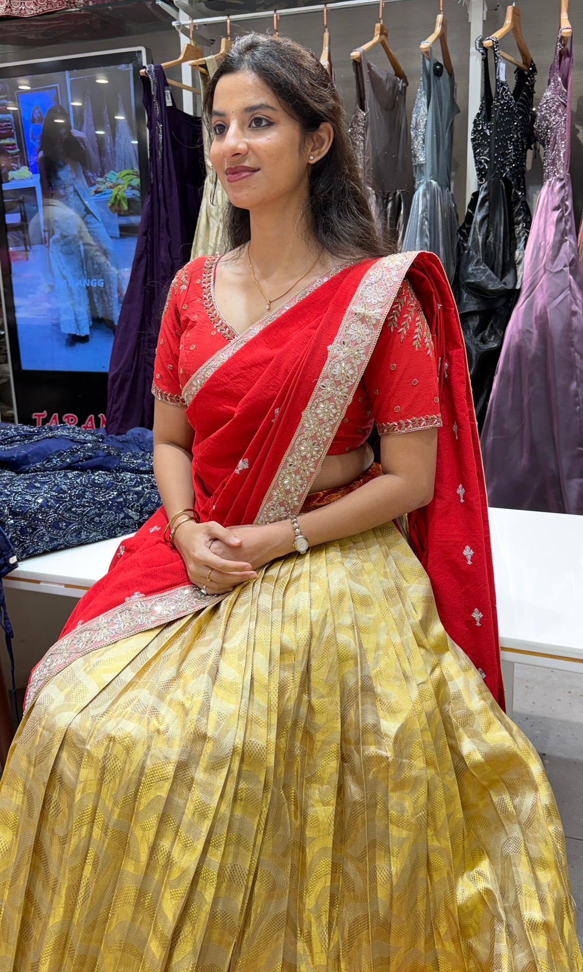 Red and gold banarasi pattu lehenga set