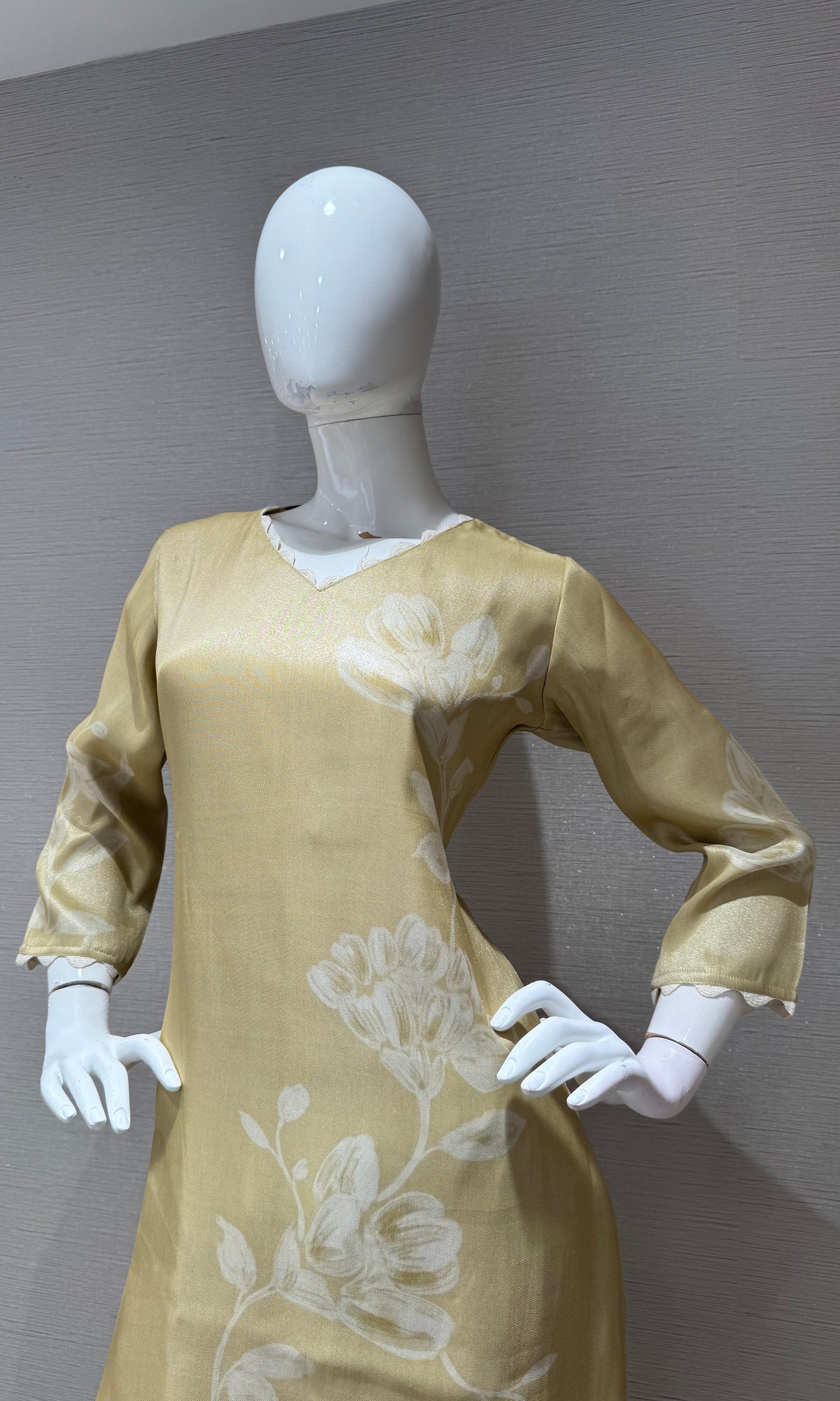 Gold Satin Floral Kurti top with bottom
