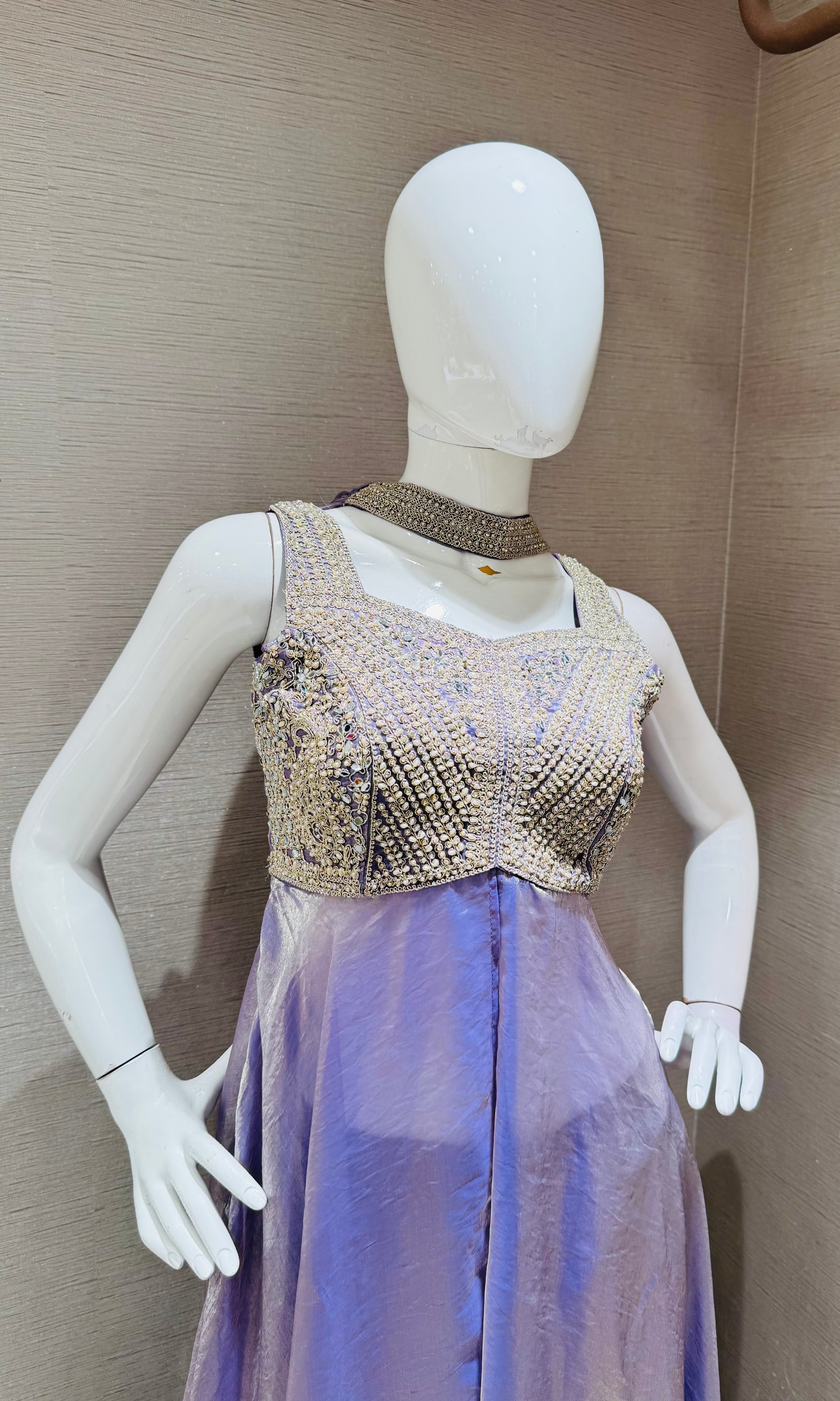 Lavender Embroidered shimmer tissue palazzo set