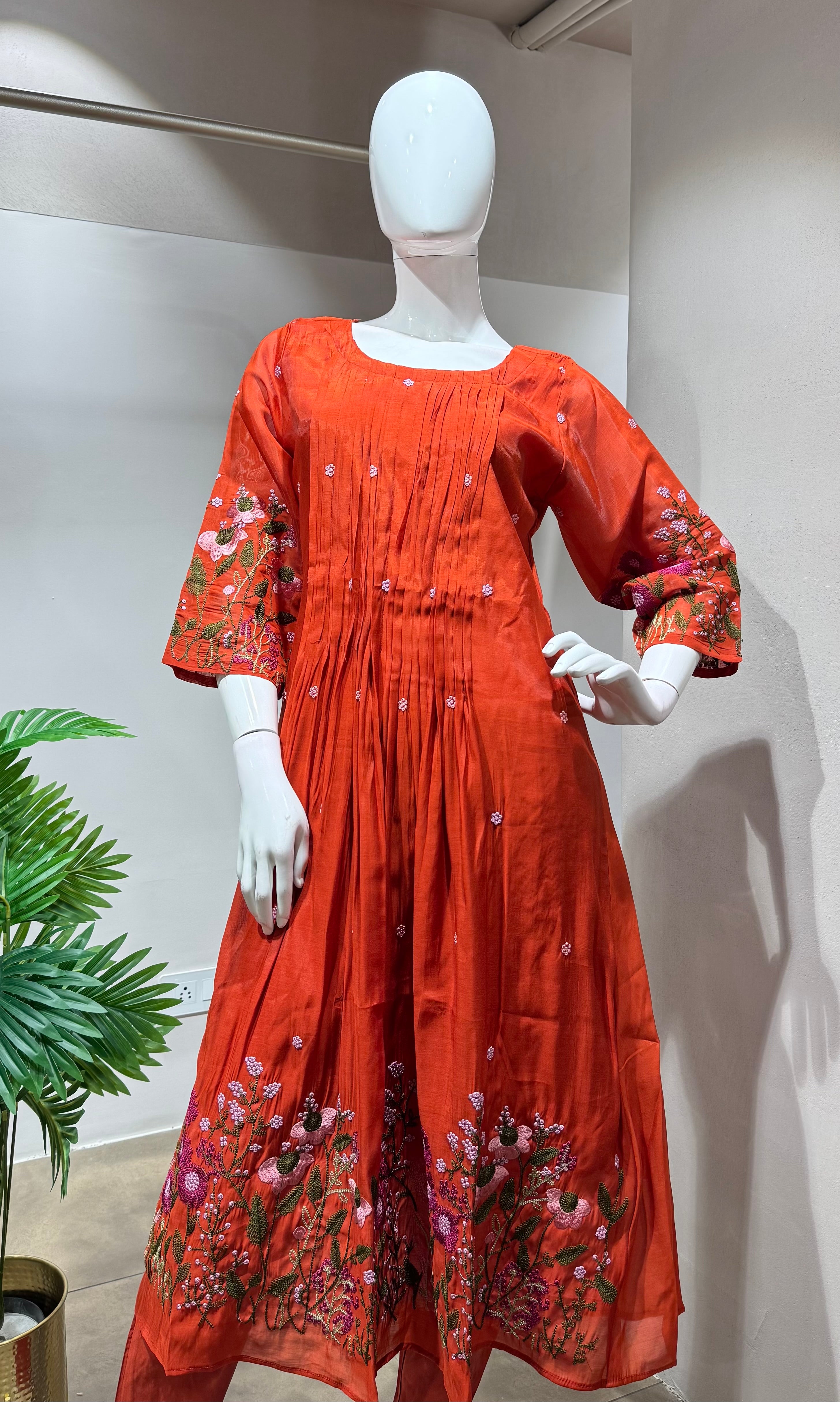 Rust mul chanderi floral embroidery kurta set