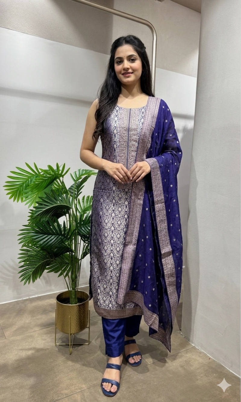PURPLE & Silver Banarasi Silk DRESS MATERIAL
