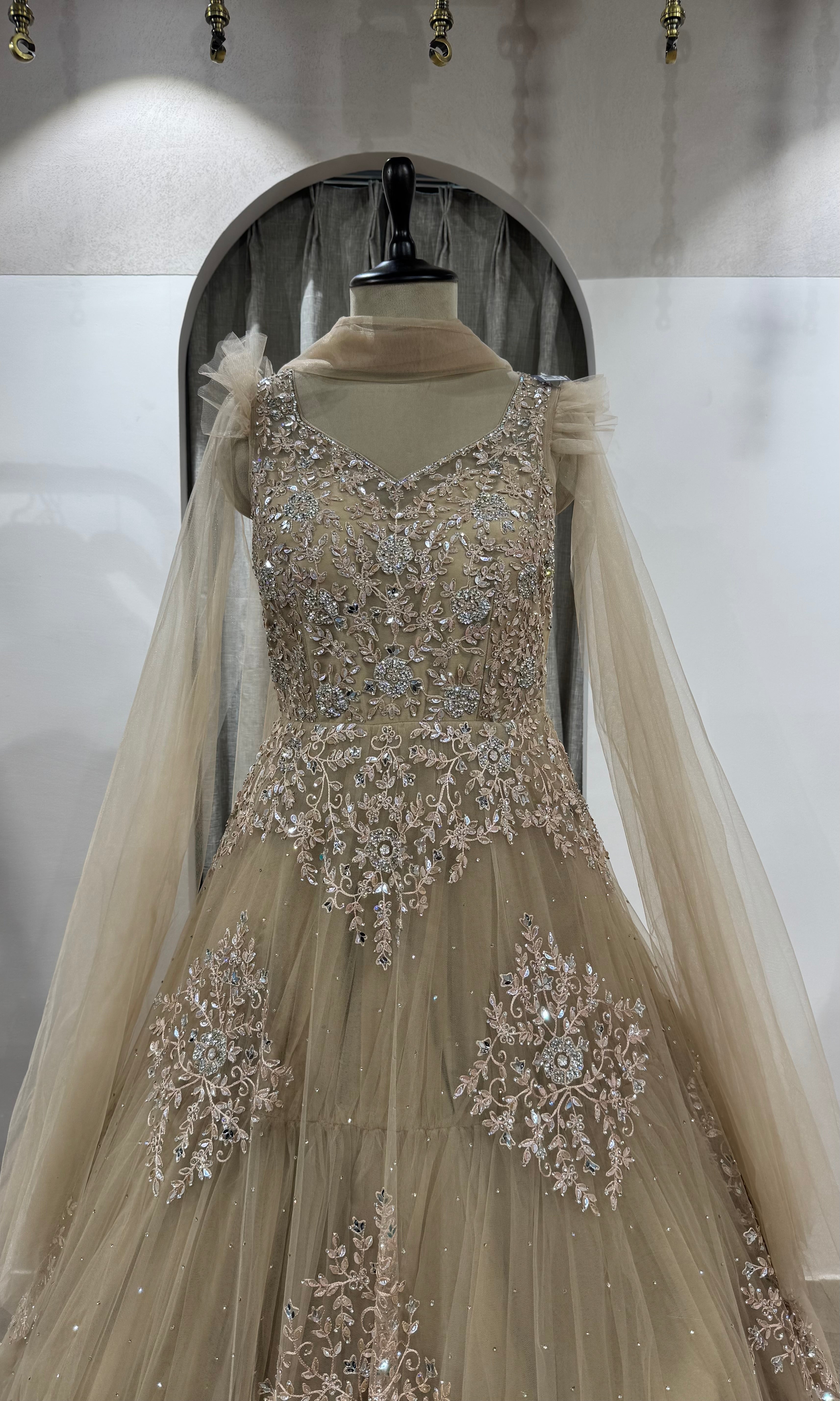 Gold Flared Gown with Cape