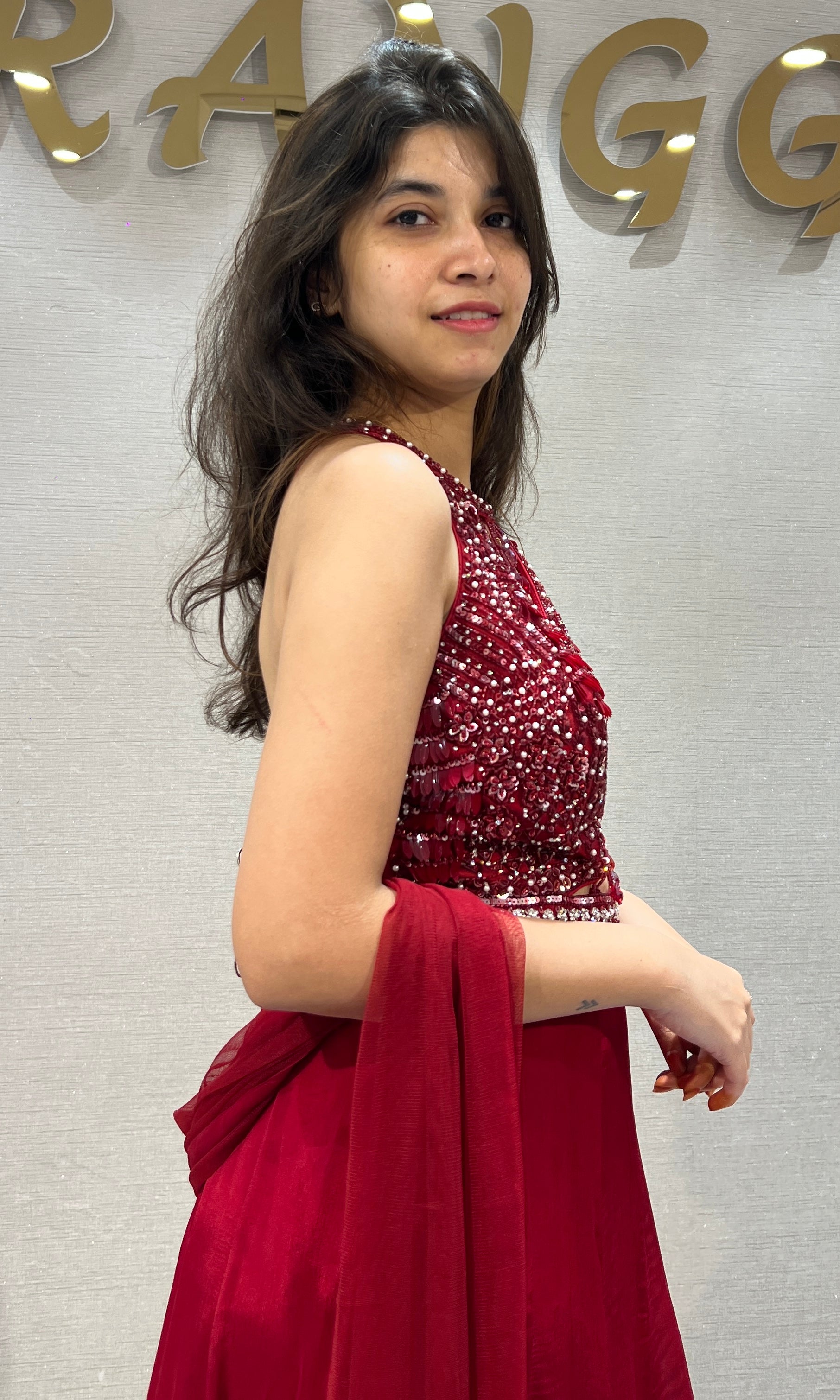 Red Halter Embellished Anarkali Frock