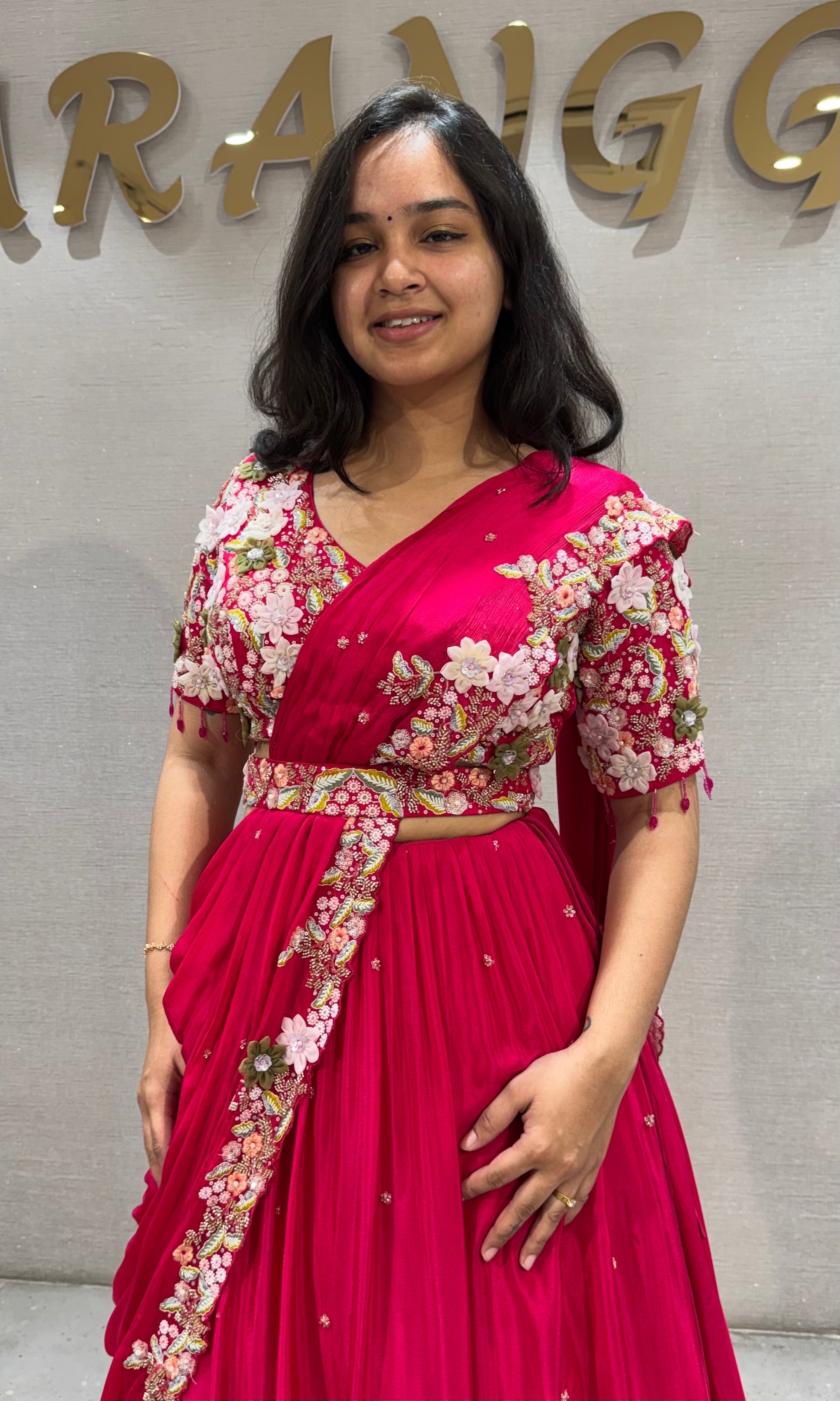 Fuchsia Georgette Pink Draped Saree with Embroidered Silk Blouse & Belt