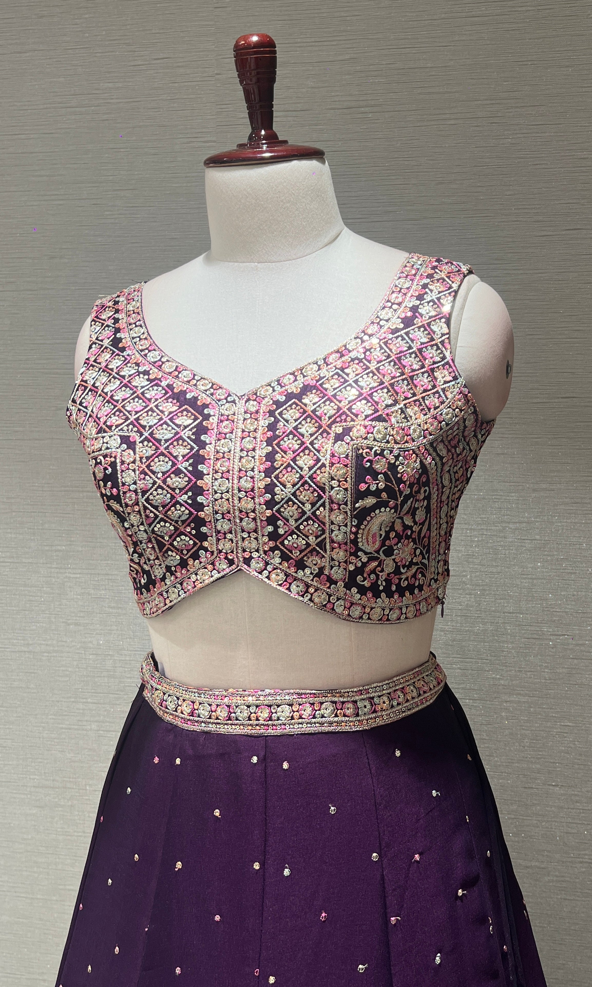 Wine Mirrorwork Embroidered Lehenga Set