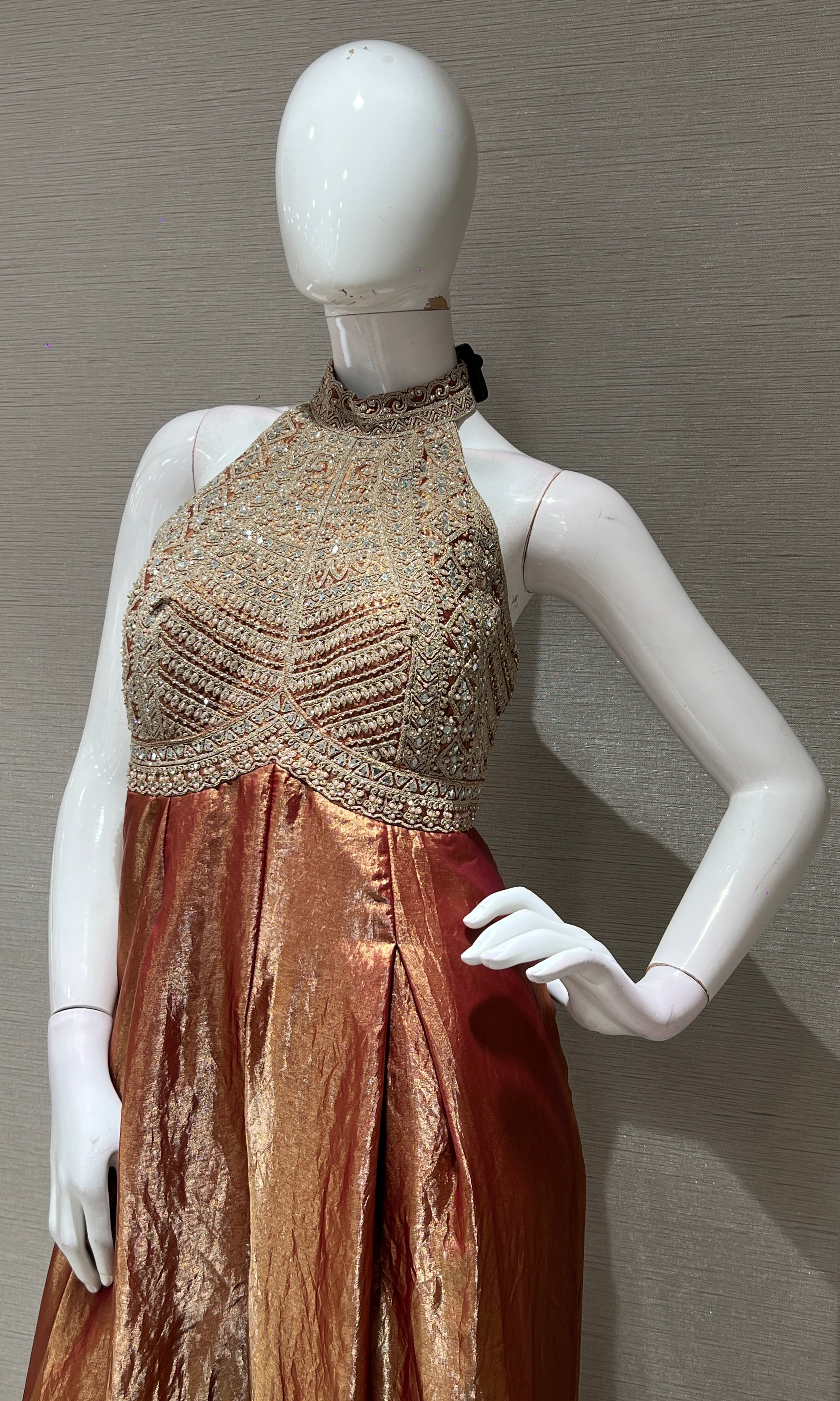 RUST EMBROIDERED HALTER NECK JUMPSUIT