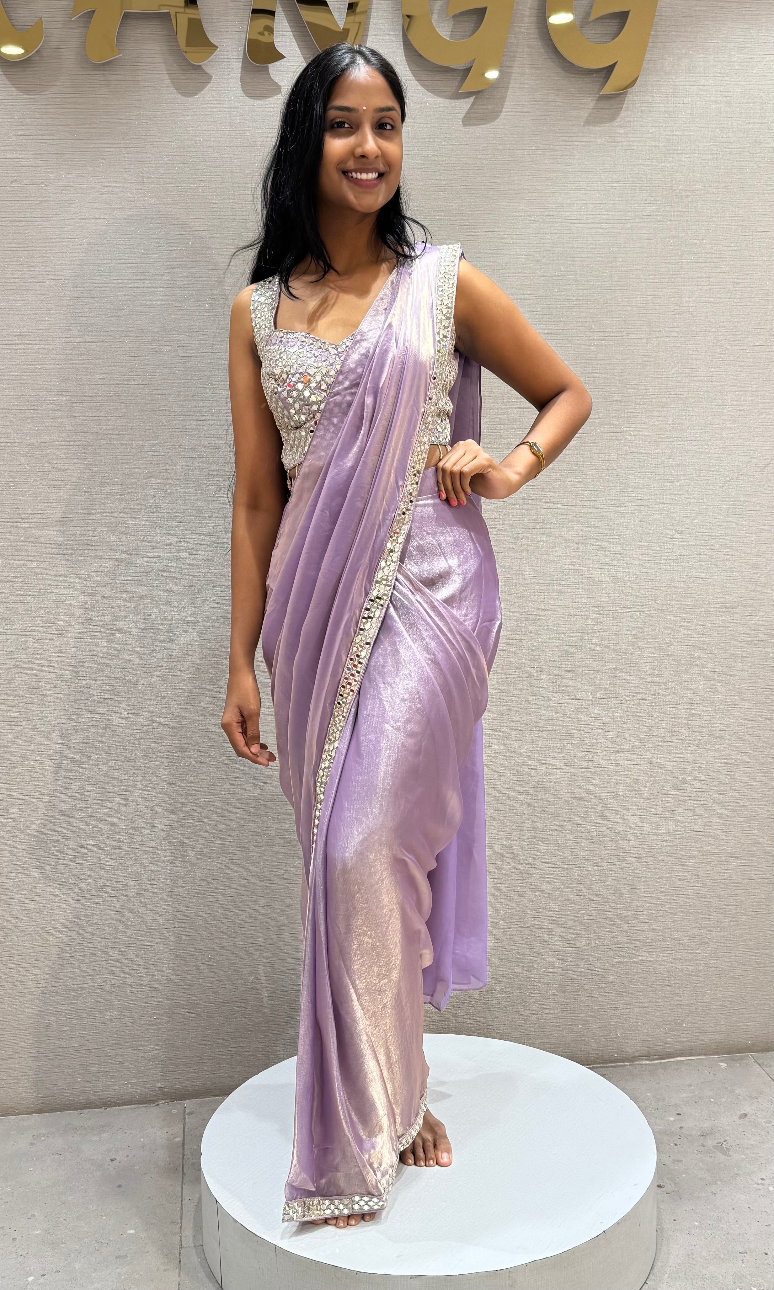 Lilac Metallic Party Wear Saree with Embellished Blouse