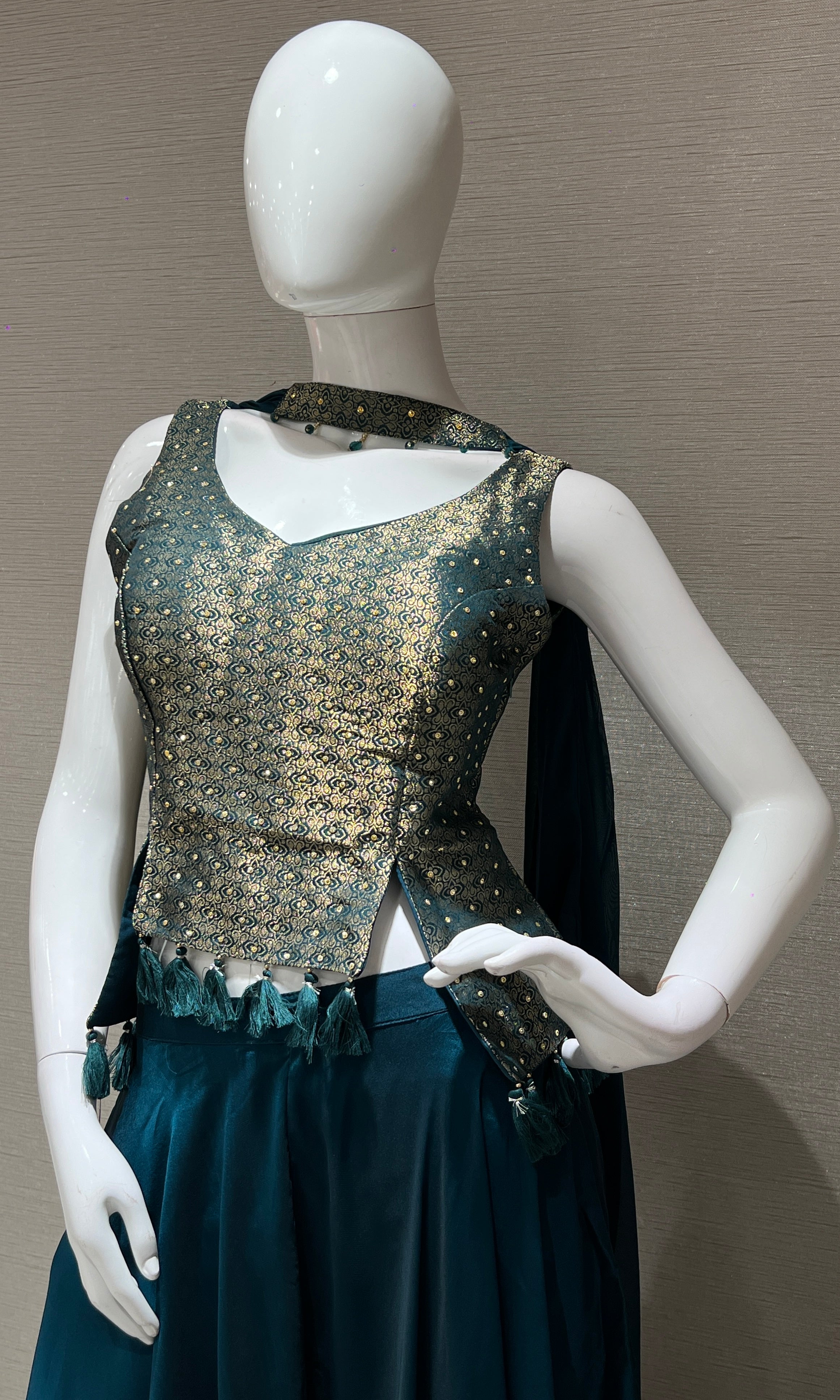 Bottle Green and Gold Sequined Palazoo Set