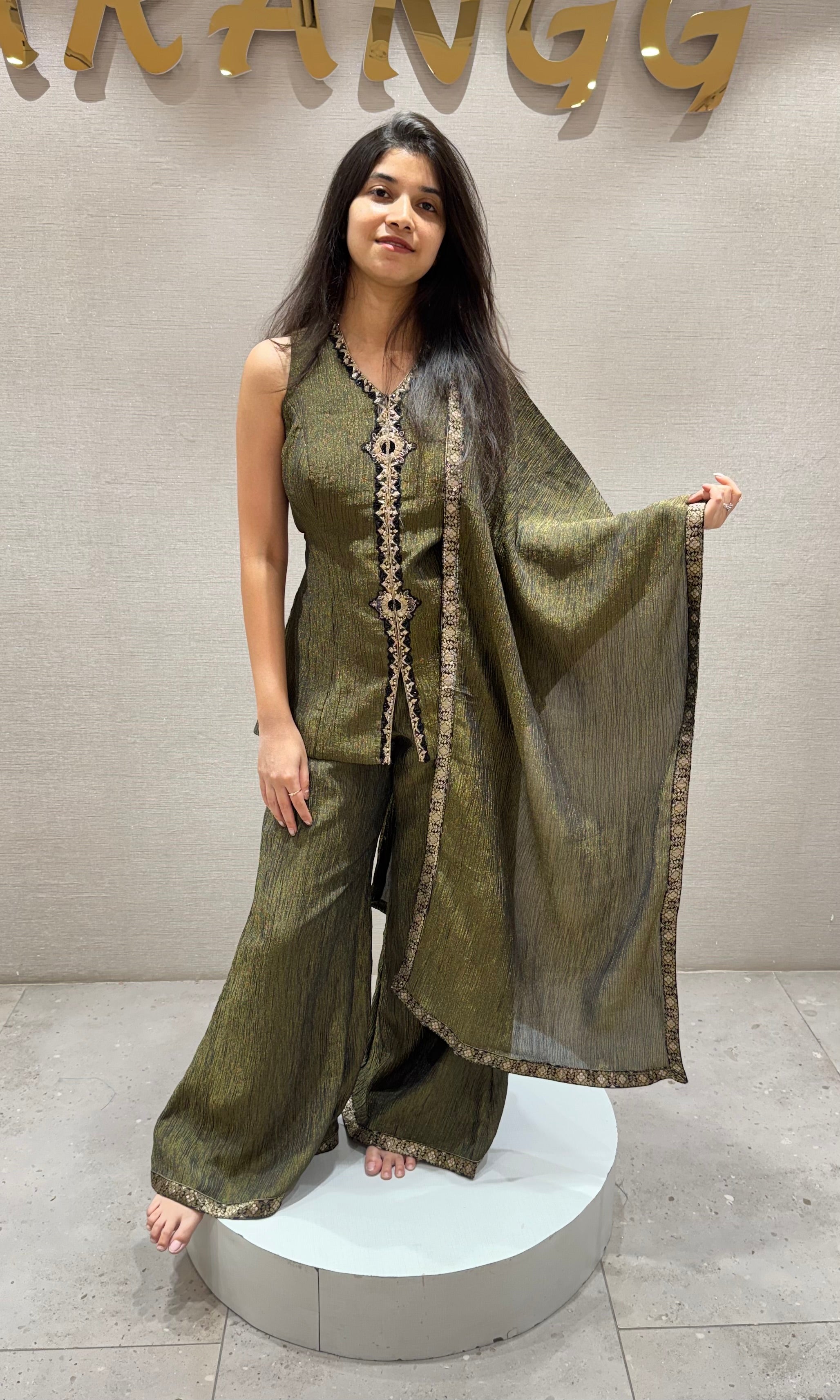 green Printed Floral V Neck SHARARA SET
