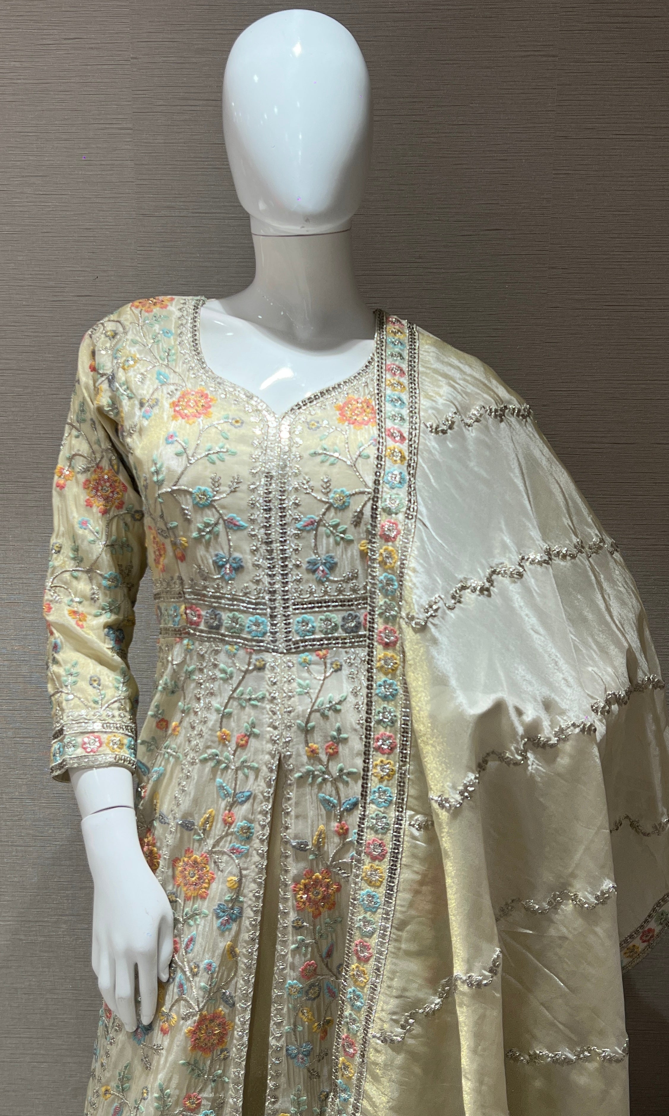 Cream front slit Anarkali kurta set
