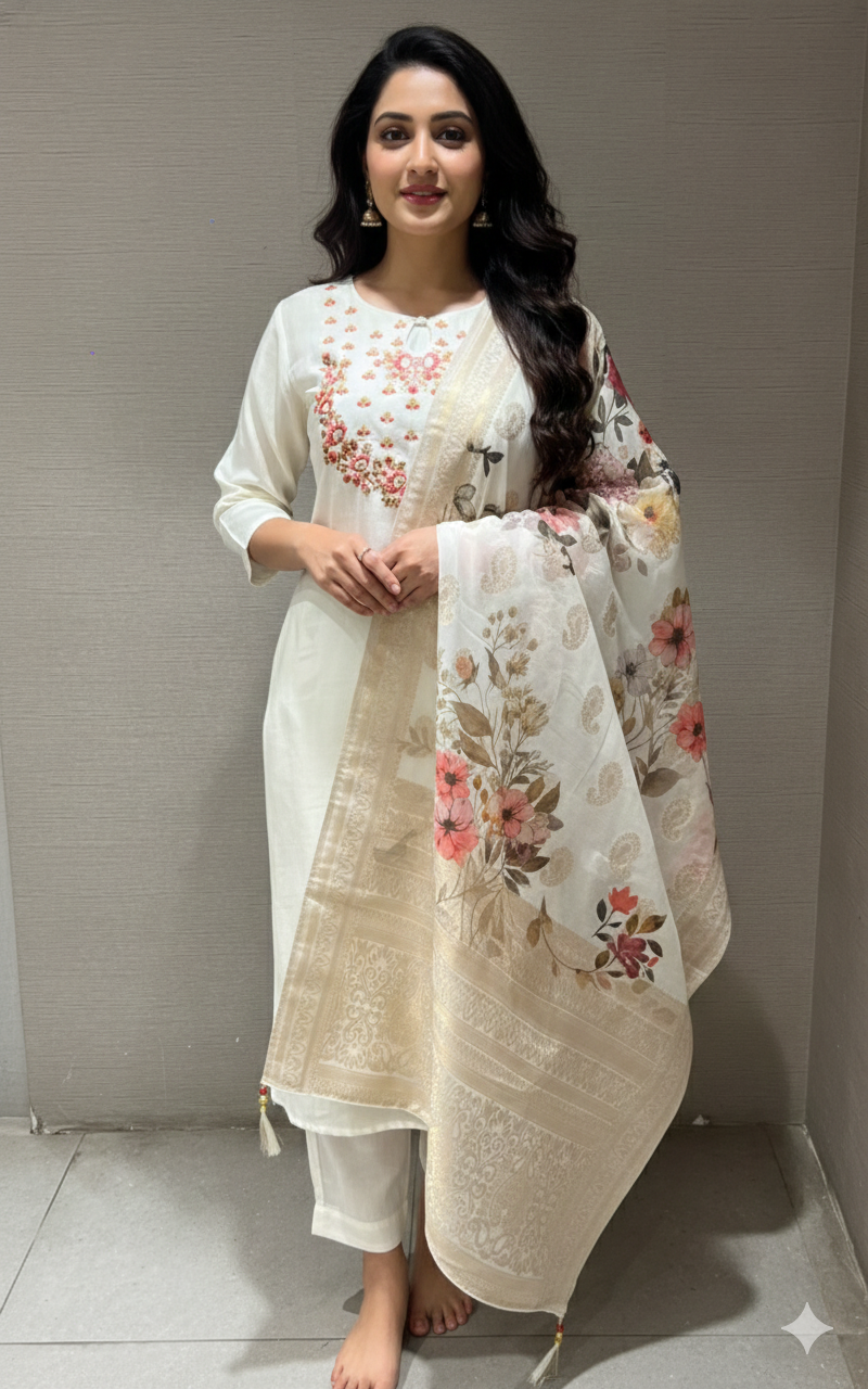 CREAM Floral Kurta Set