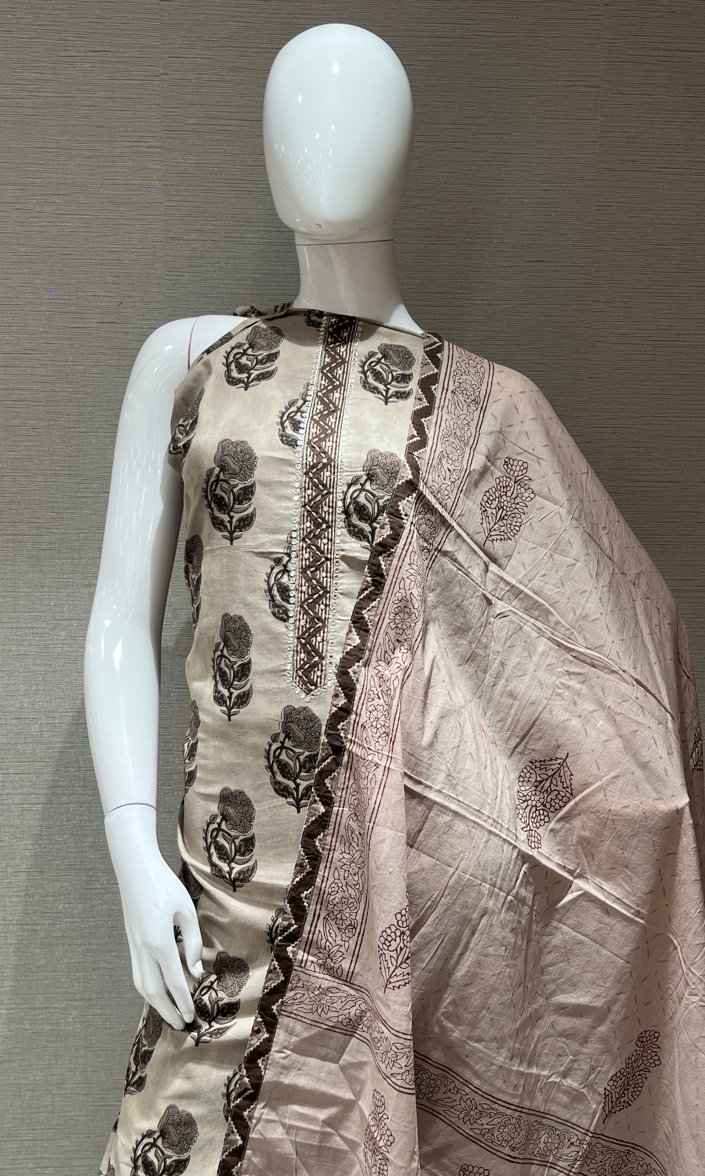 Grey Floral Print dress material