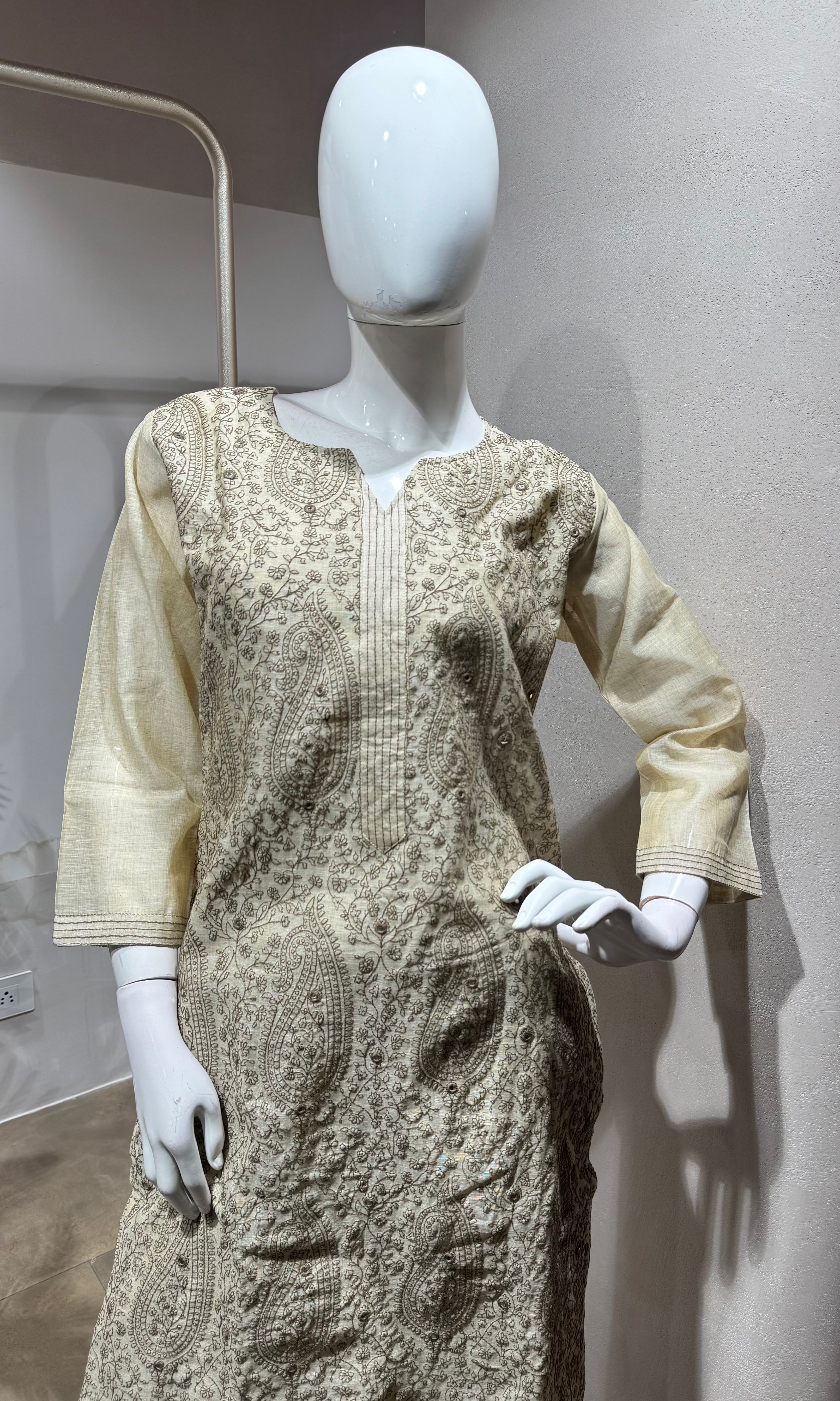 Beige Embroidered Kurta Set with Contrasting Dupatta