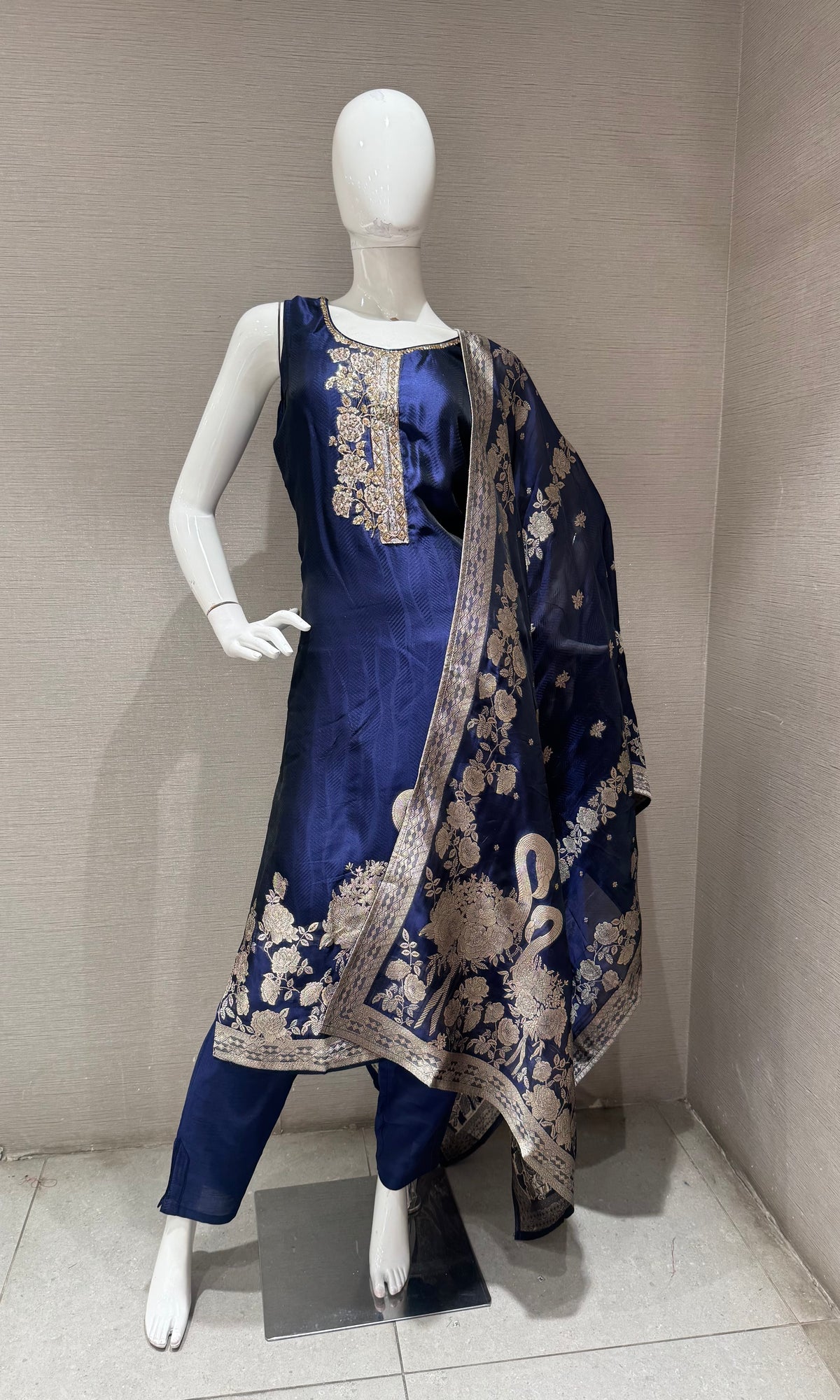 Navy blue Banarasi Brocade Silk Kurta Set with Dupatta