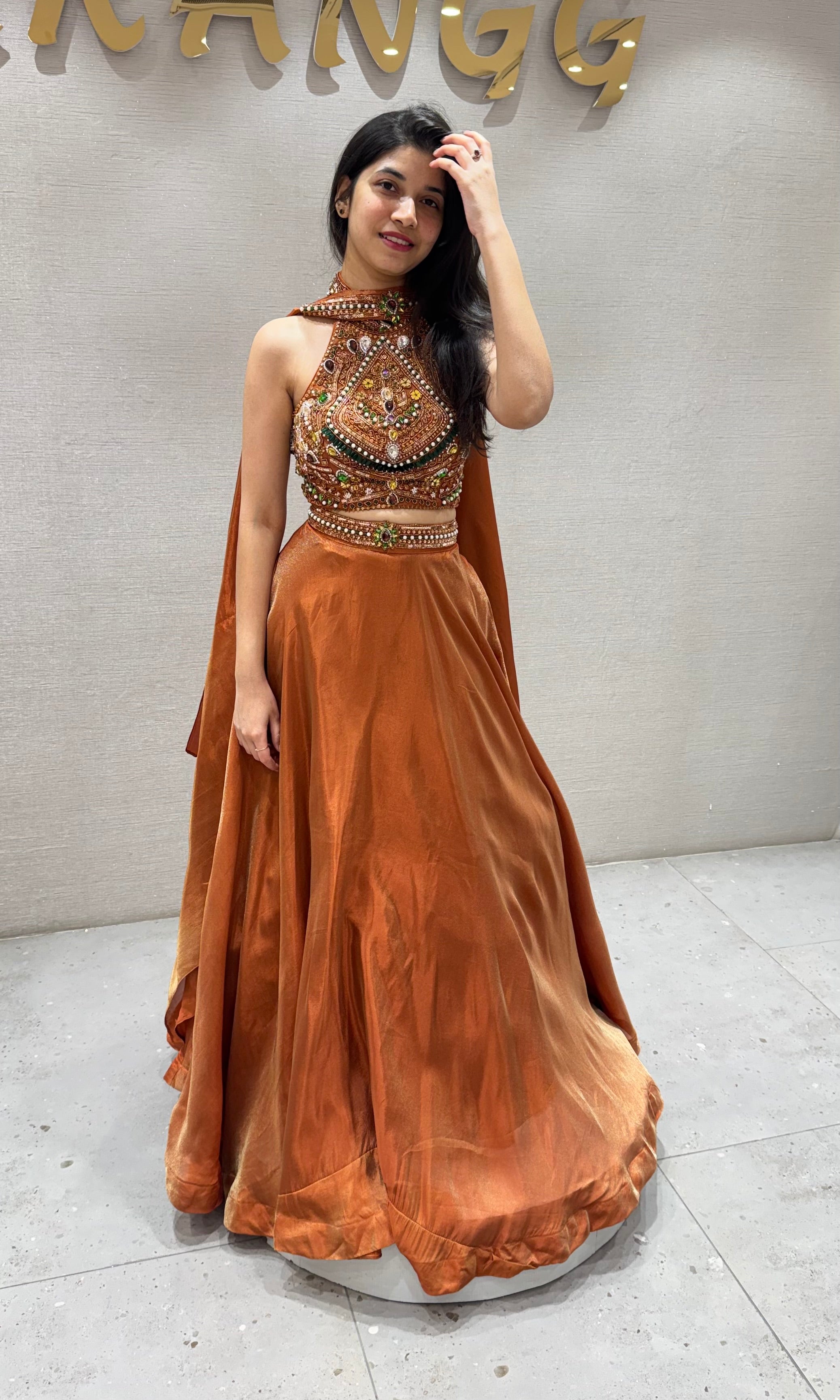 Rust Lehenga WITH HALTER NECK ELEGANT BLOUSE