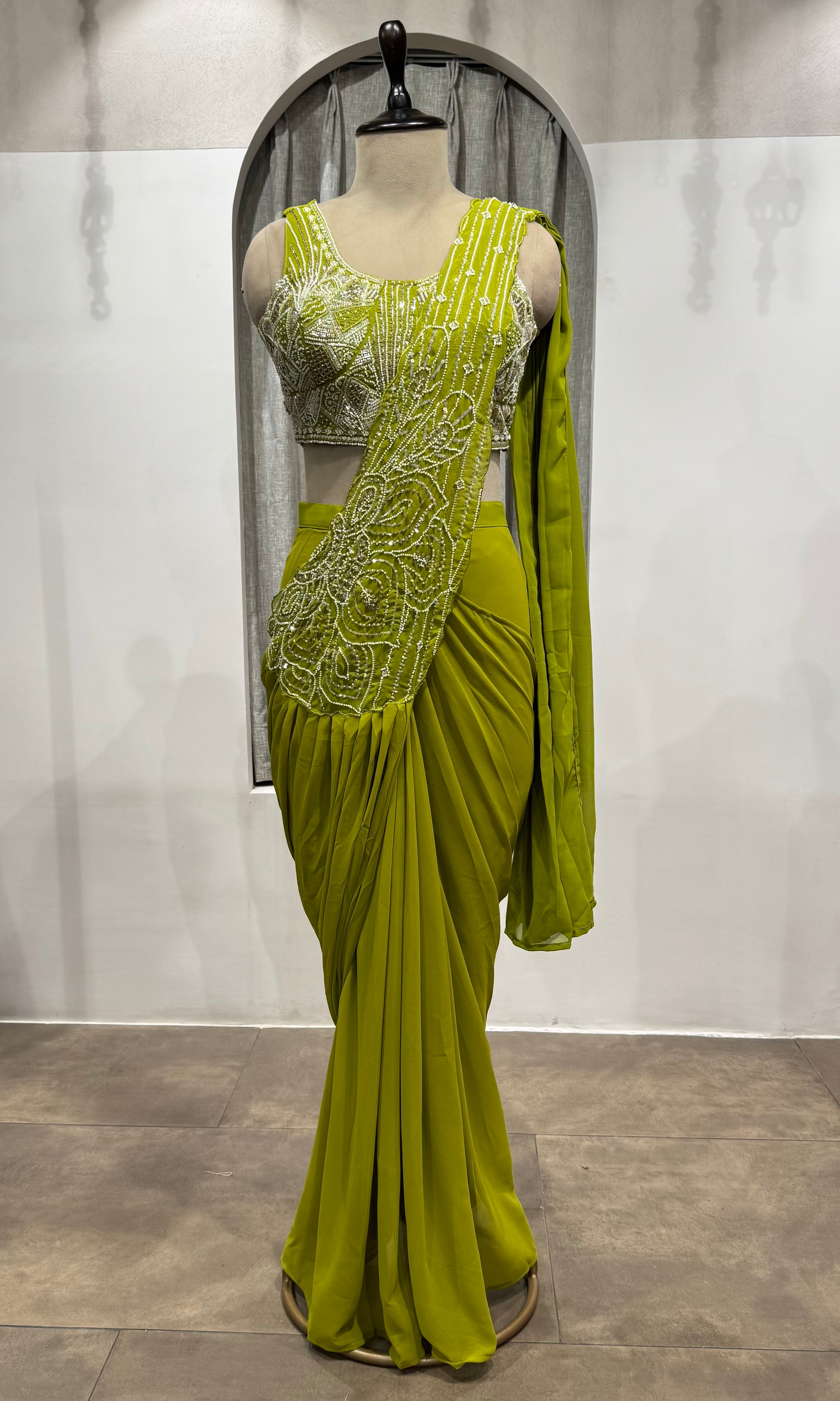 Green Pearl Embellished Pre-Draped Saree