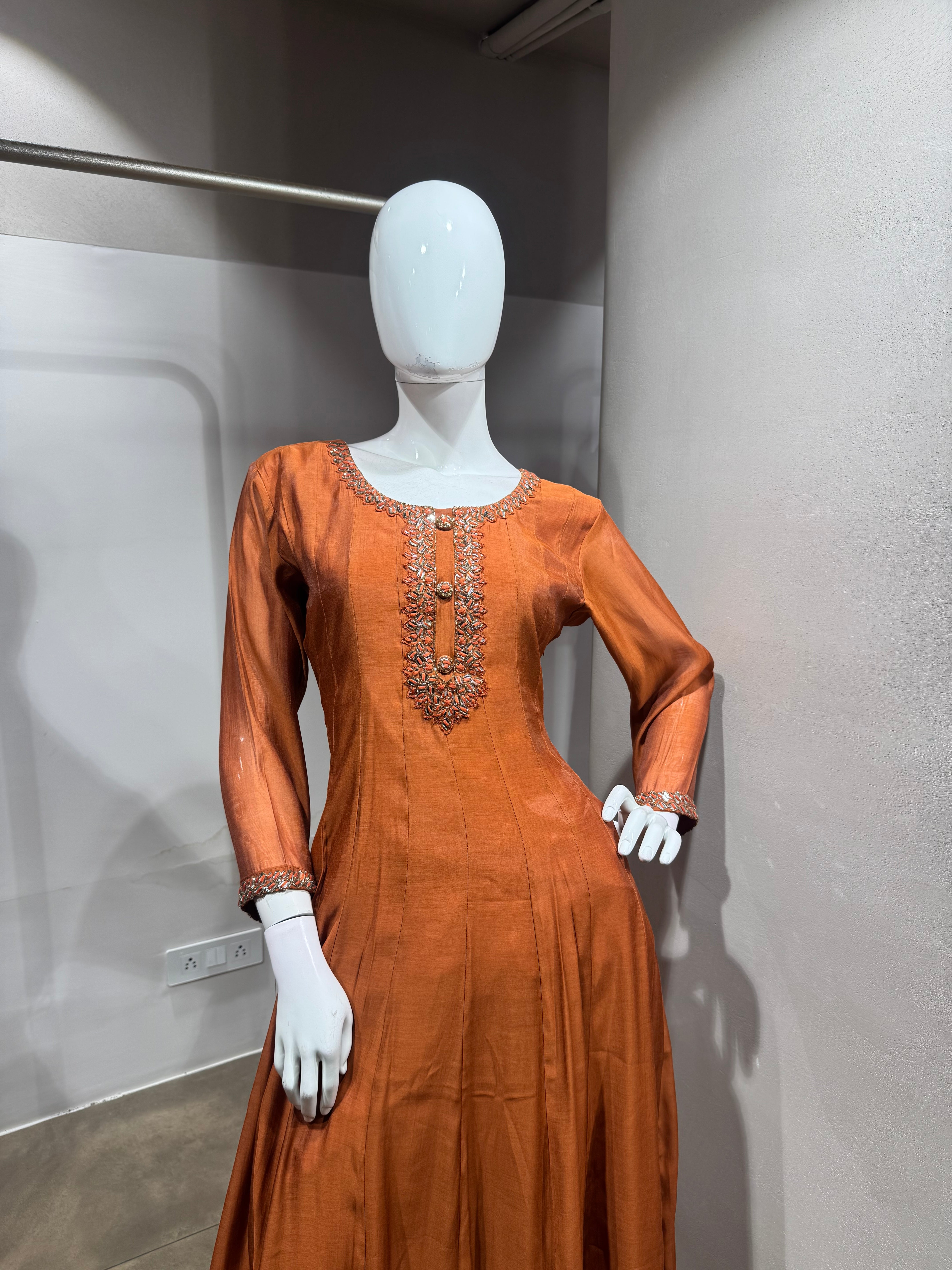 Brown Silk Embroidered Anarkali Set with Dupatta