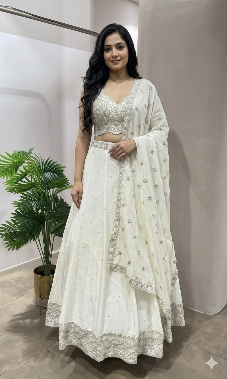 White EMBROIDERED Lehenga WITH FLORAL MOTIF DUPATTA