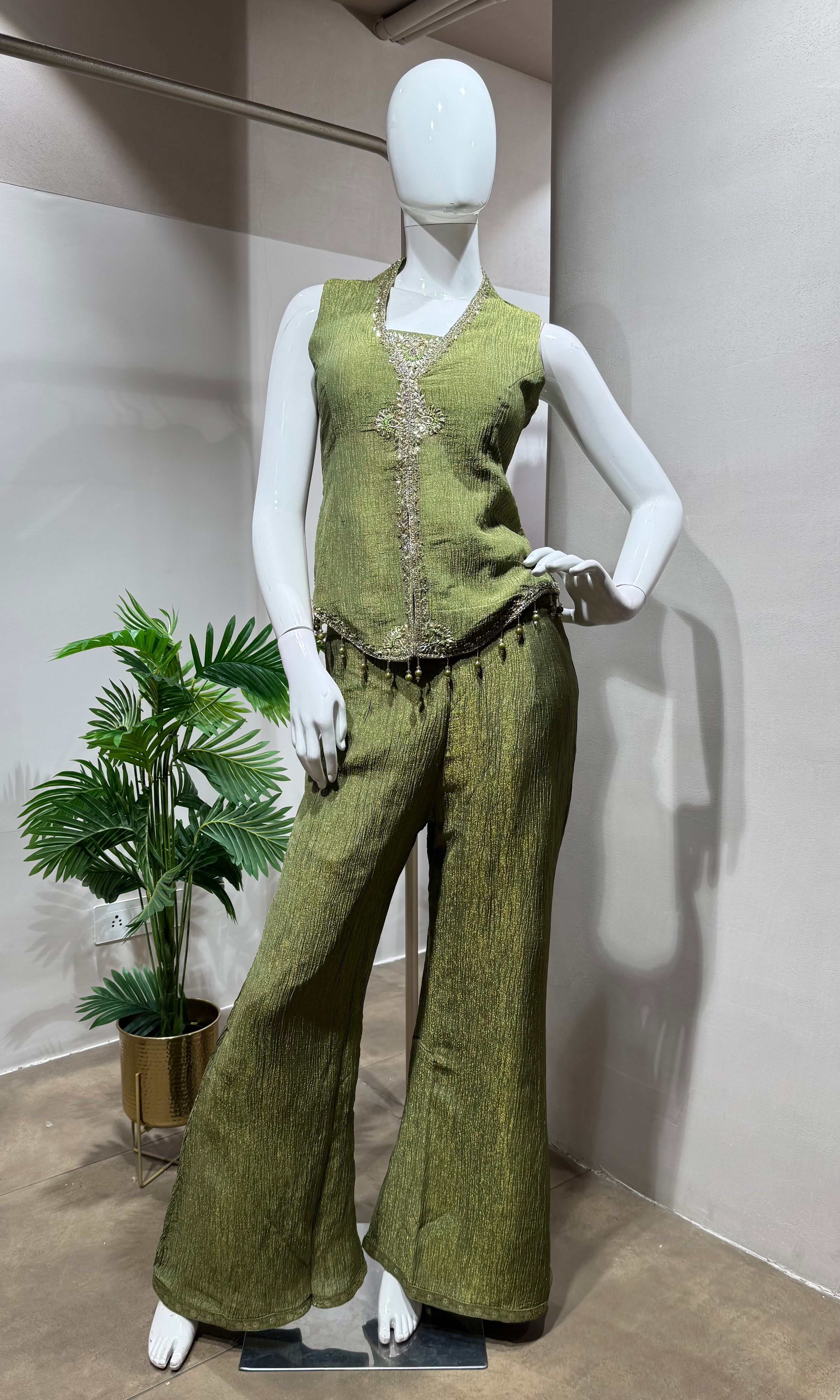Green Printed Floral V Neck Sharara Set