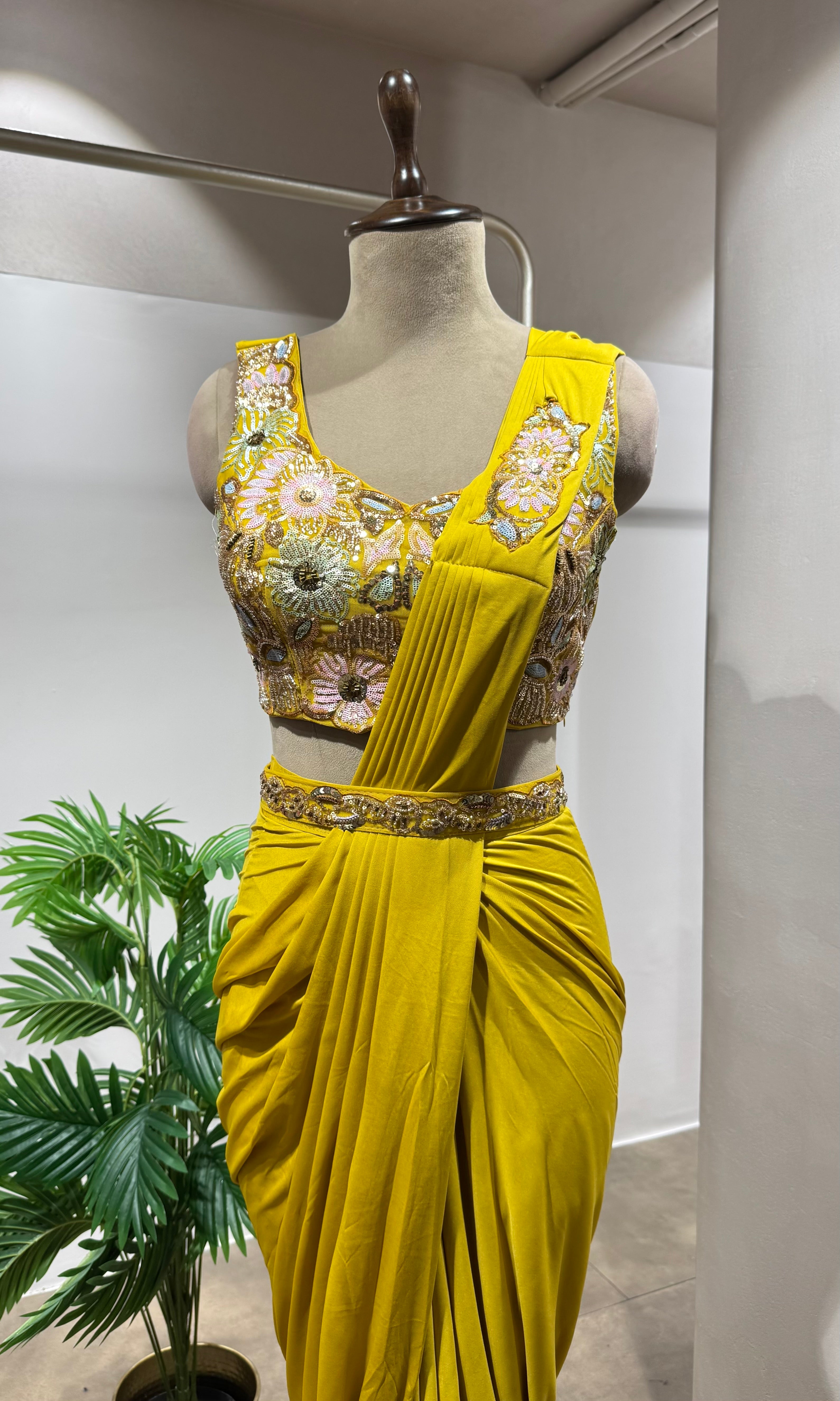 SUNSHINE YELLOW DRAPE SAREE WITH FLORAL BLOUSE