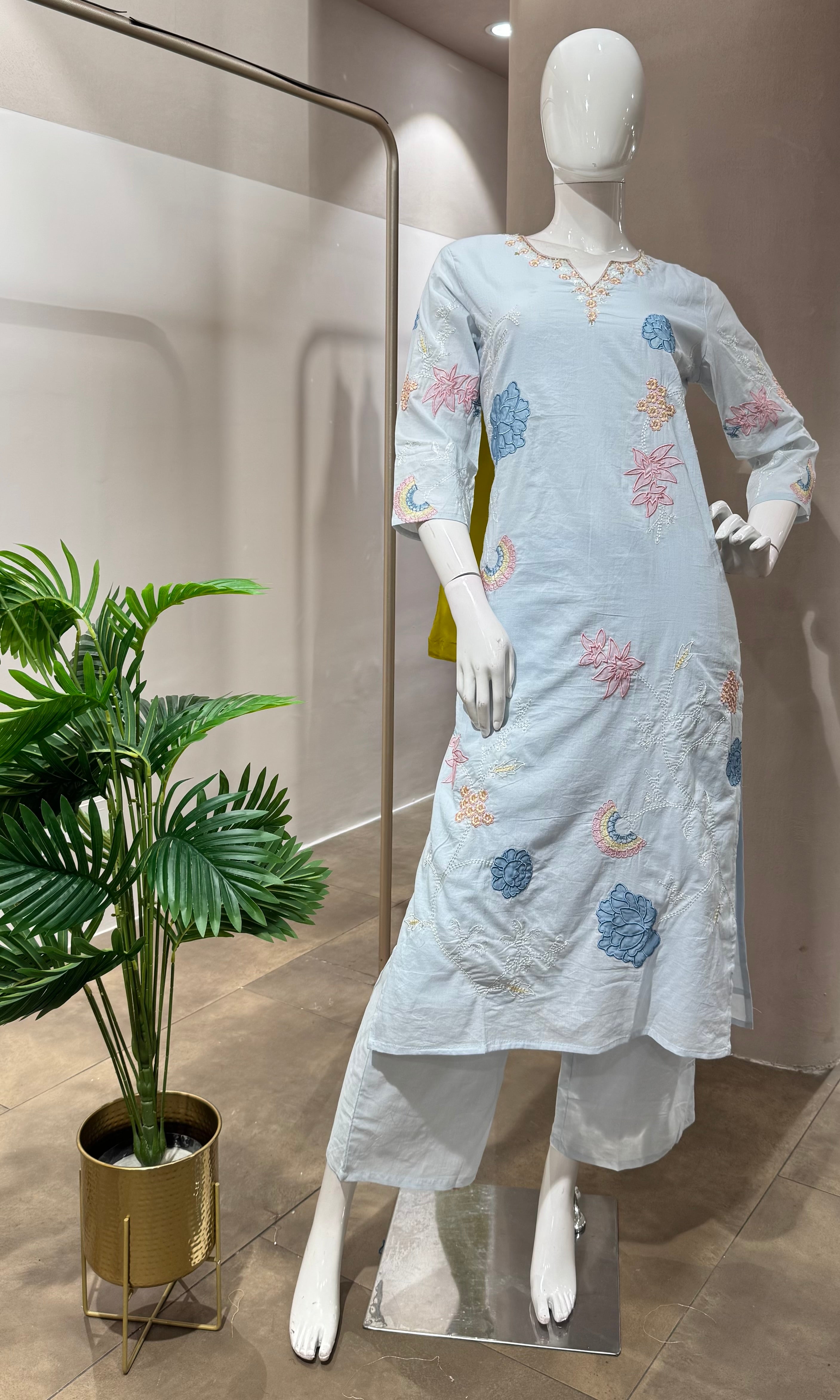 BLUE FLORAL MOTIFS COTTON KURTA SET