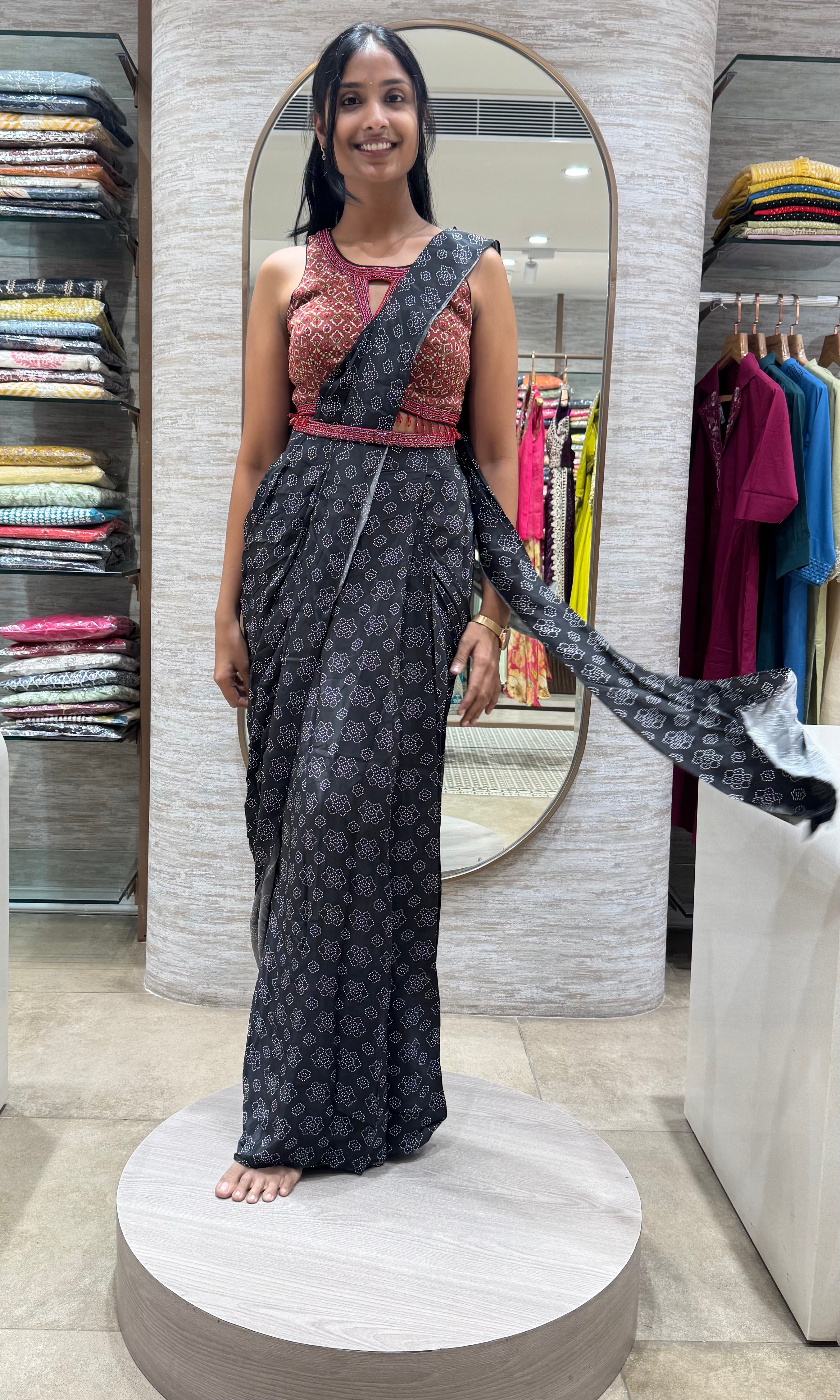 MAROON AND BLACK floral printed DRAPE SAREE