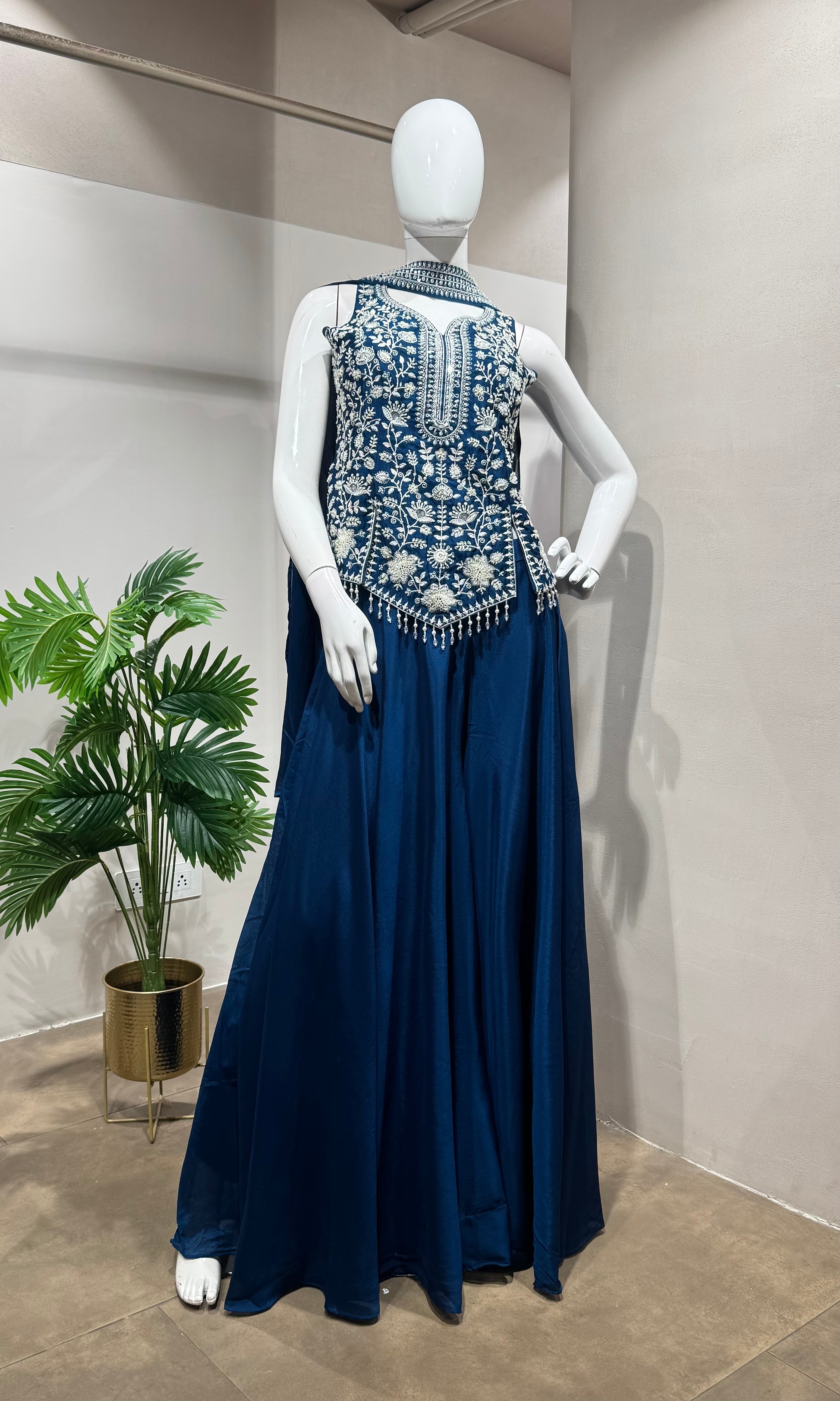 Blue Embroidered Peplum & Palazzo Set