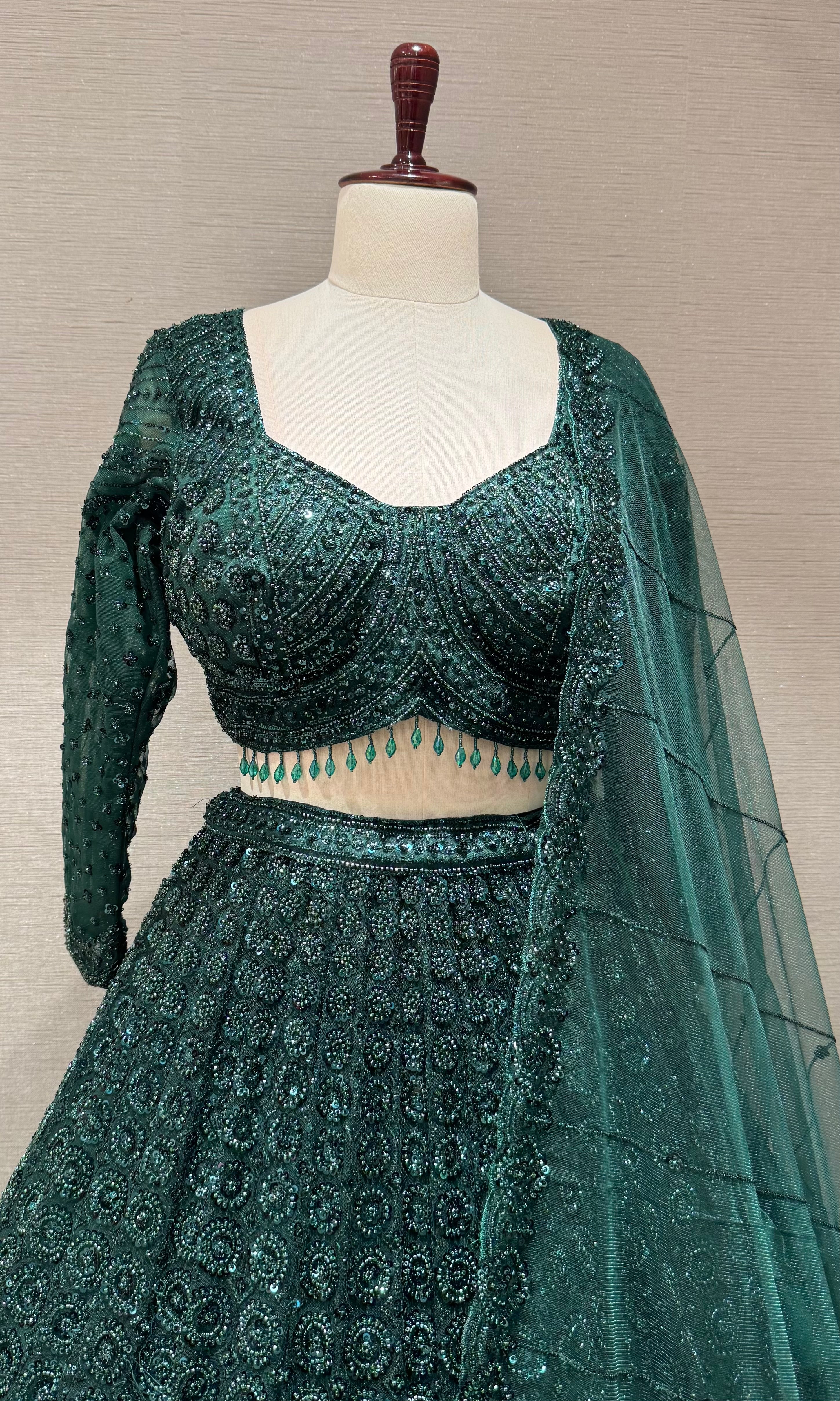 Green Sequins and Beads Heavy Embroidered Lehenga