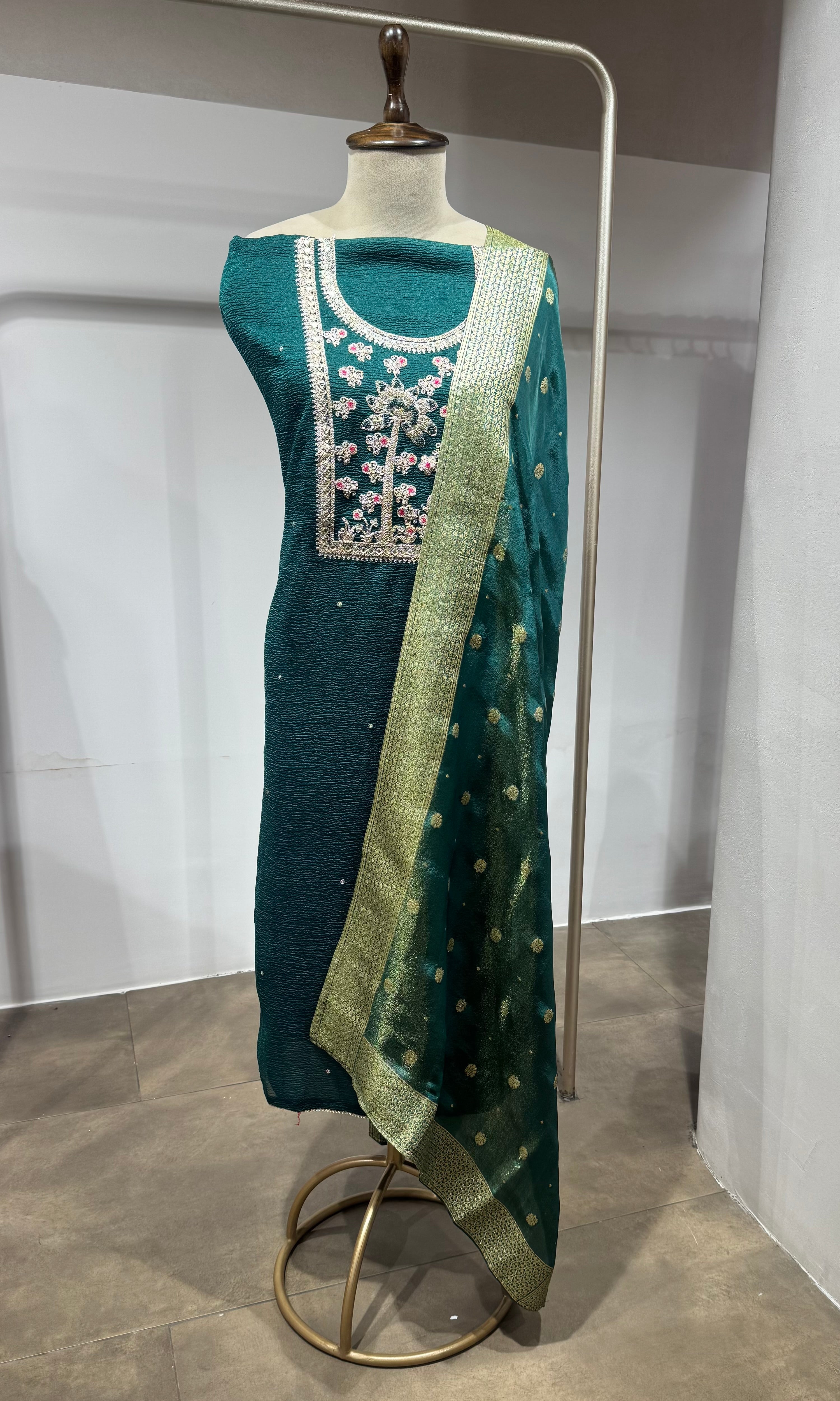 Green ETHNIC DRESS MATERIAL WITH BANARASI DUPATTA