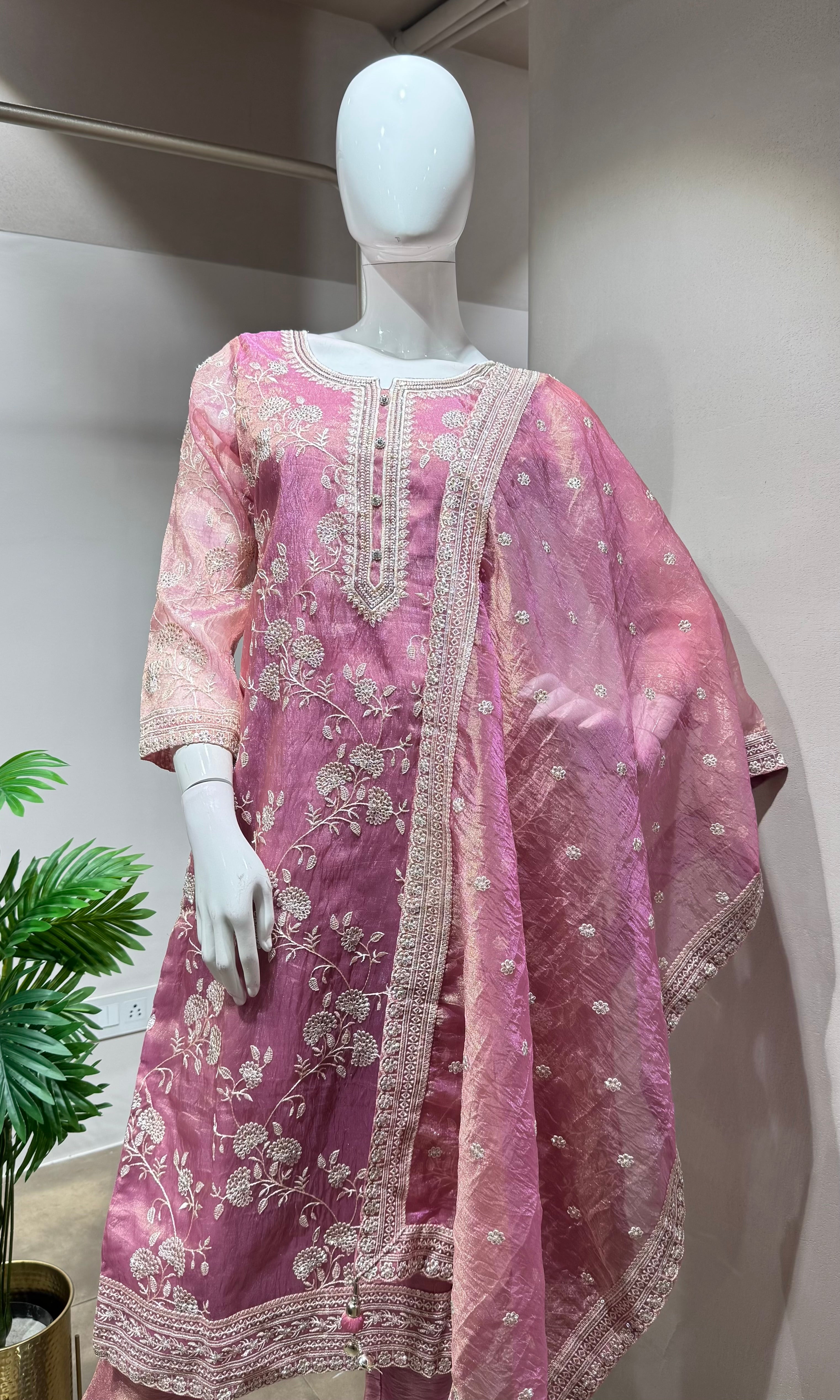 Onion pink floral embroidery kurta set