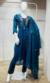 Peacock Blue Ethnic Kurta Set with Multicolored Neckline