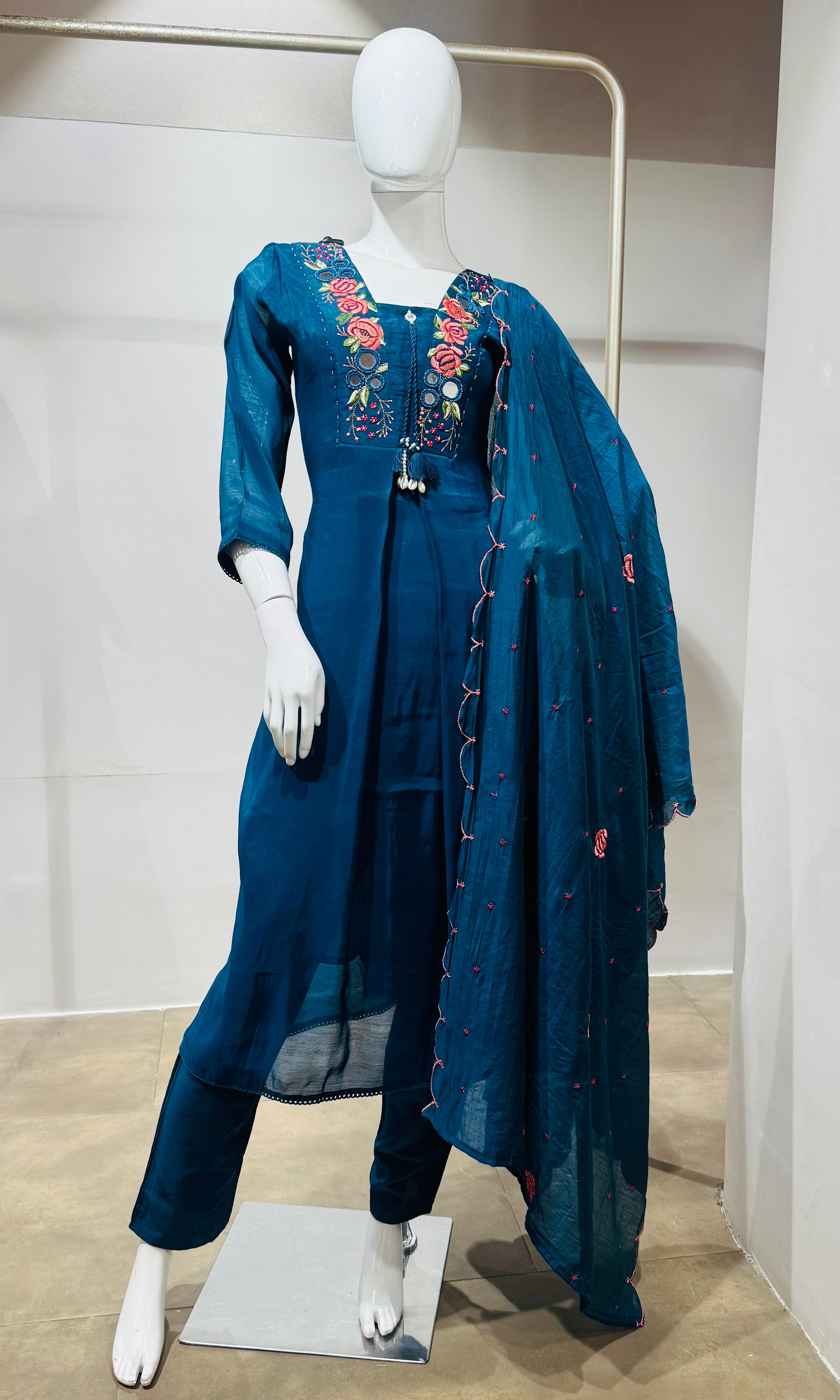 Peacock Blue Ethnic Kurta Set with Multicolored Neckline